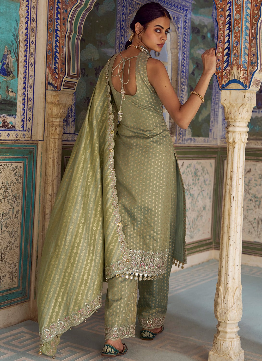 Mint Green Embroidered Viscose Tissue Palazzo Suit - Lashkaraa