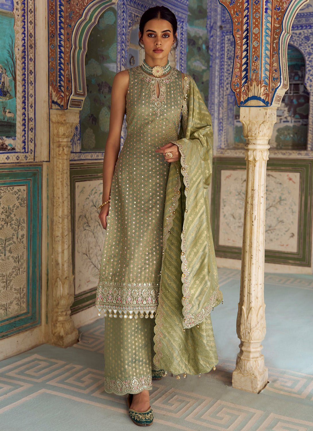 Mint Green Embroidered Viscose Tissue Palazzo Suit - Lashkaraa