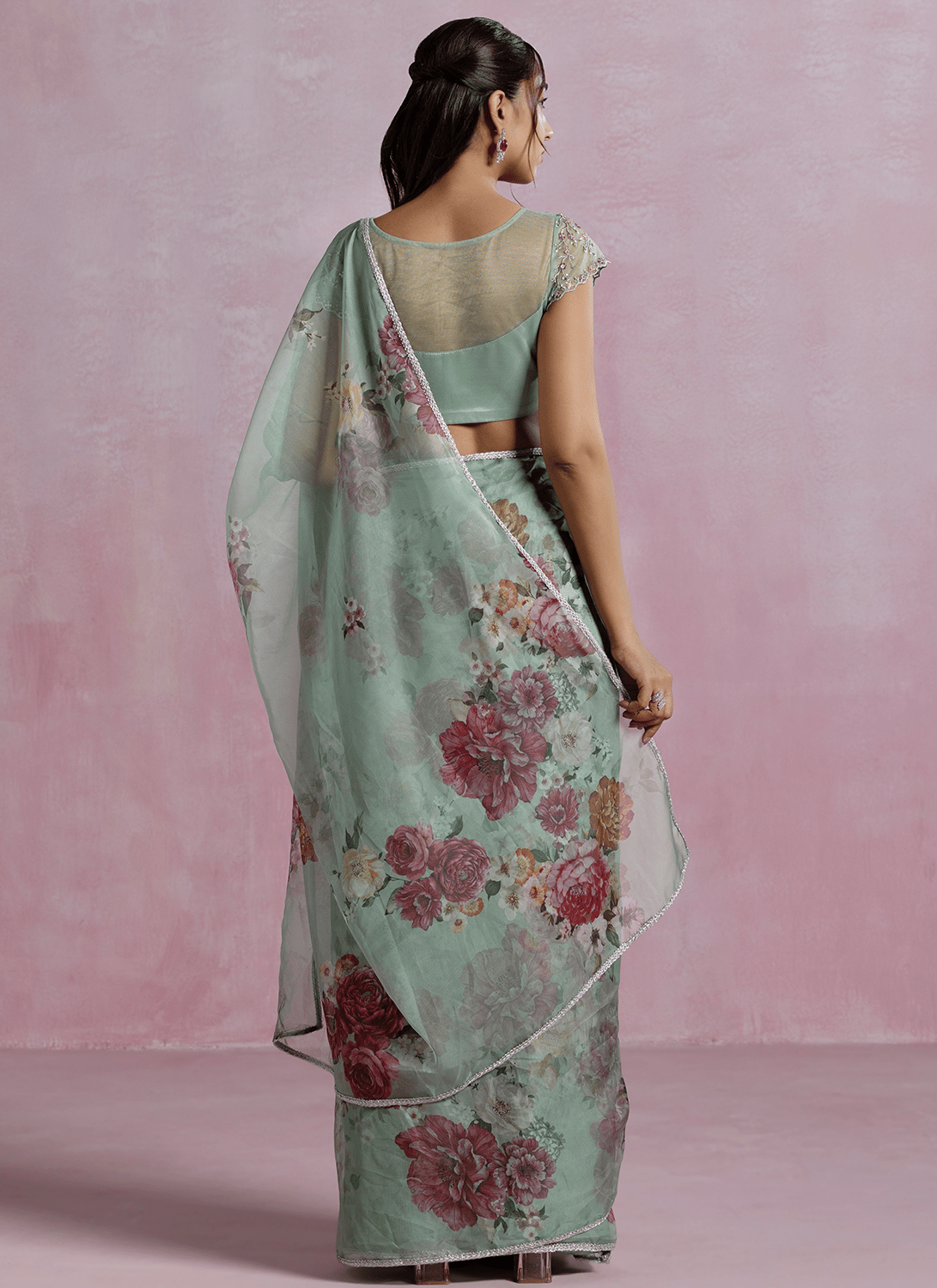 Mint Green Floral Printed Organza Saree - Lashkaraa