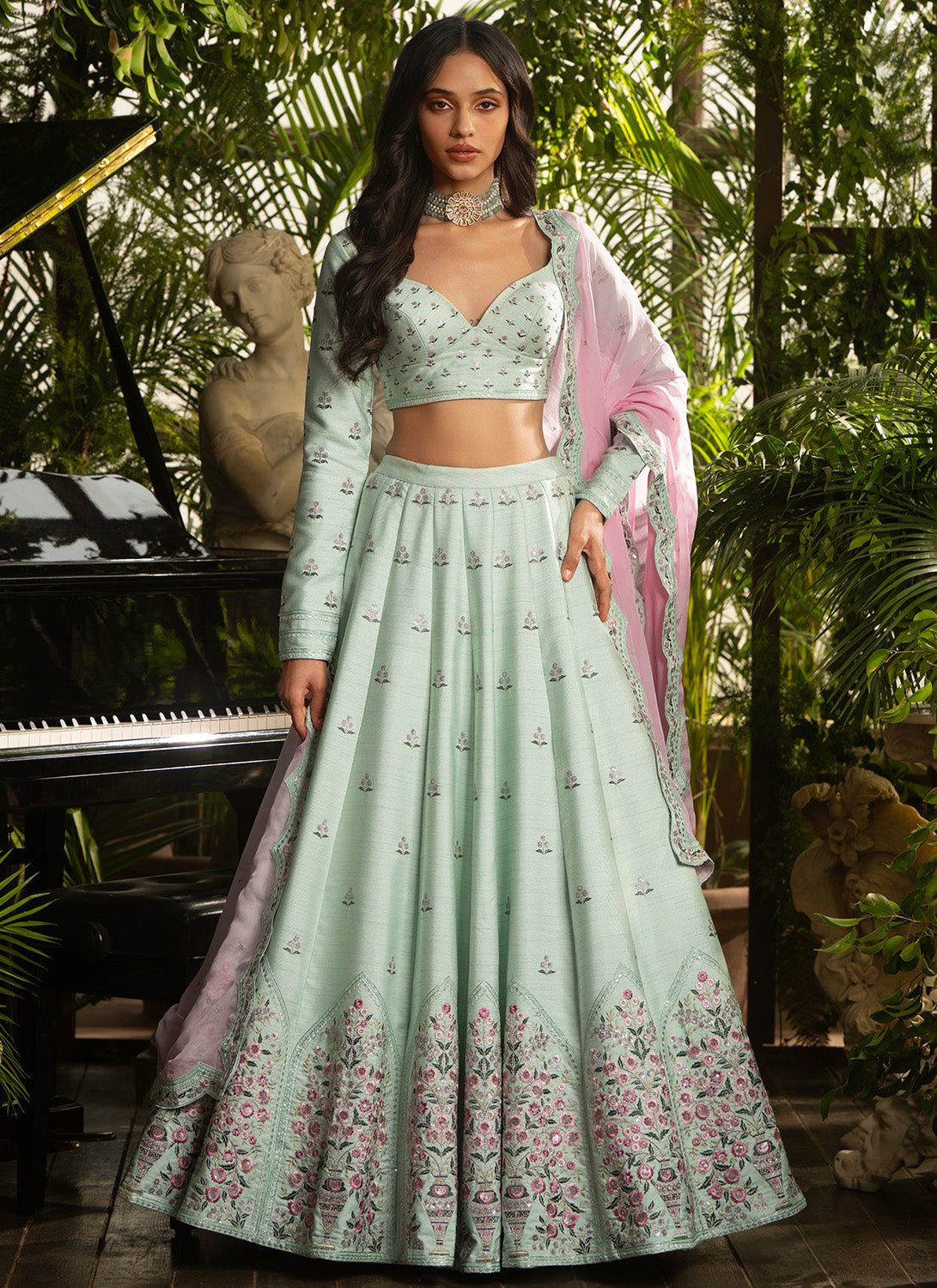 Mint Green Multicolor Raw Silk Lehenga - Lashkaraa