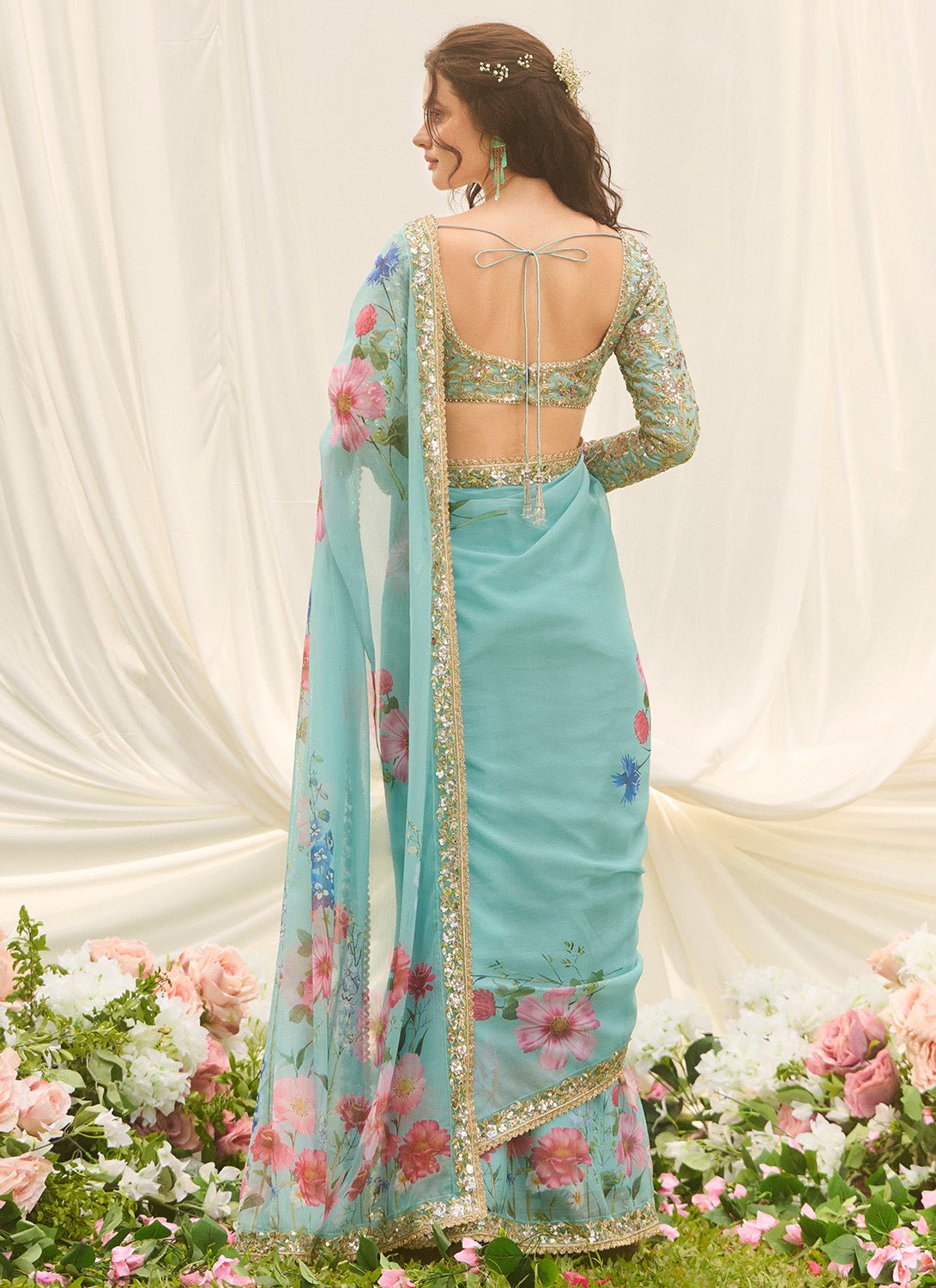 Mint Multicolor Floral Embroidered Saree - Lashkaraa