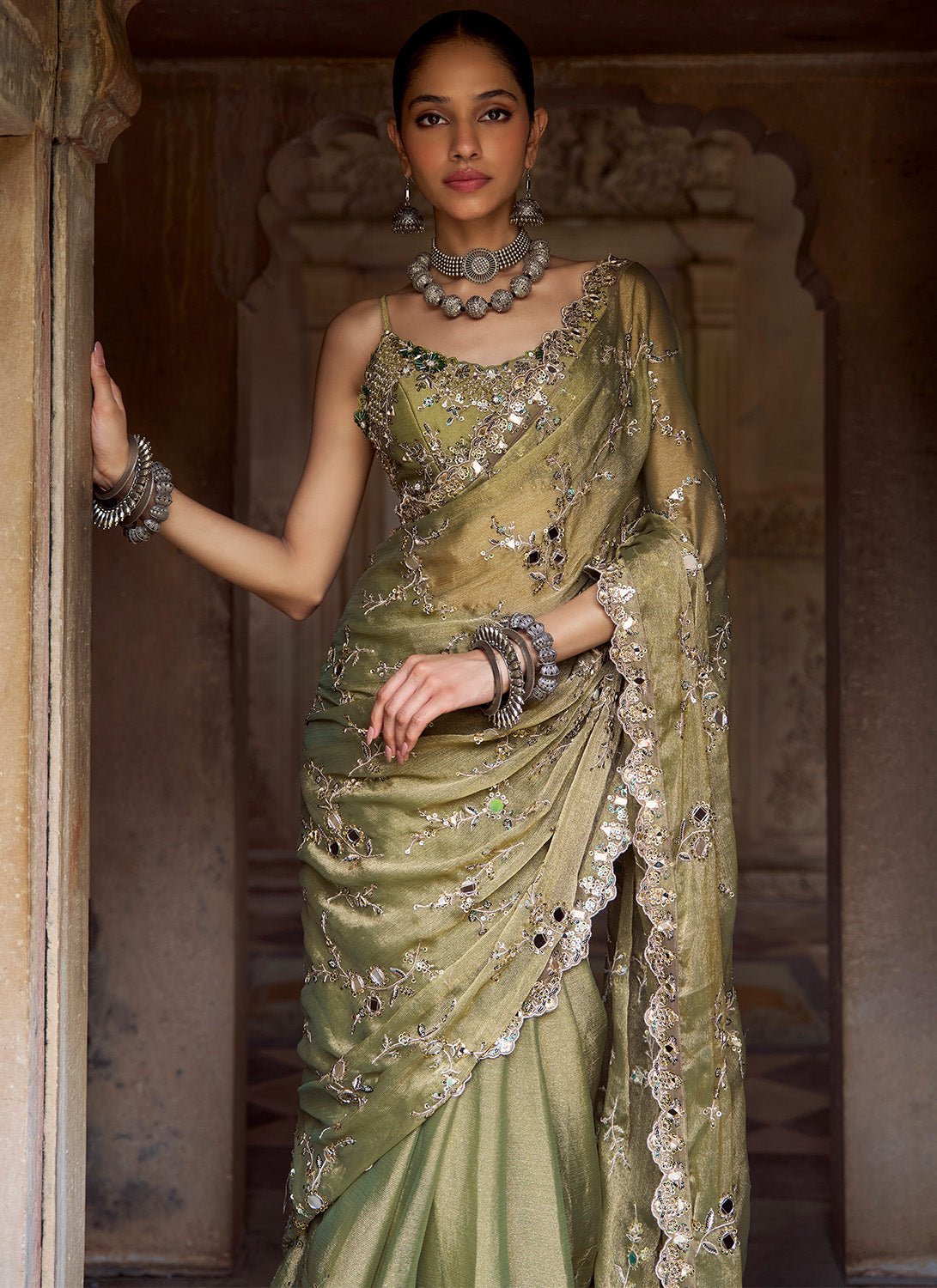 Moss Green Embroidered Tissue Saree - Lashkaraa