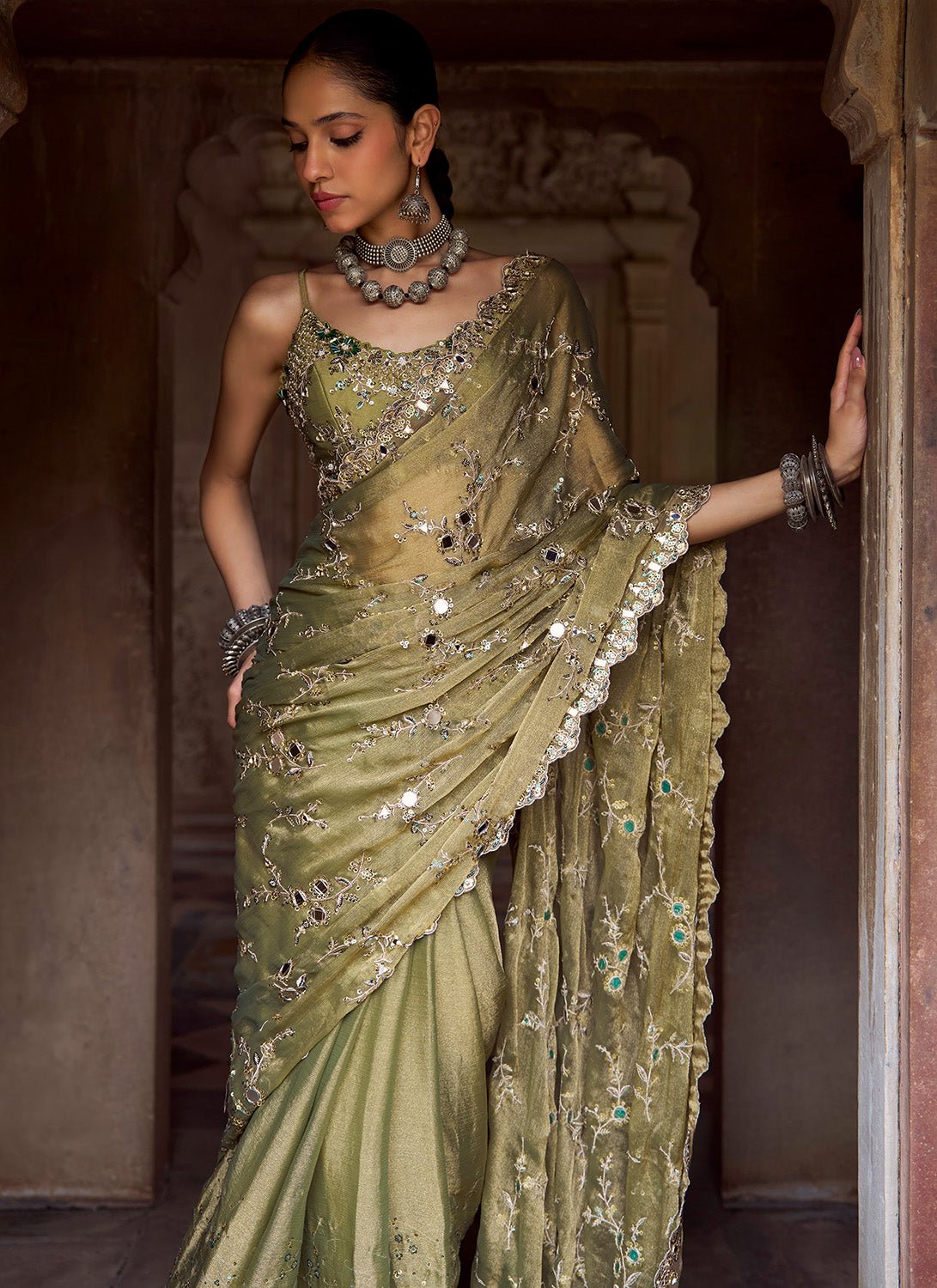Moss Green Embroidered Tissue Saree - Lashkaraa