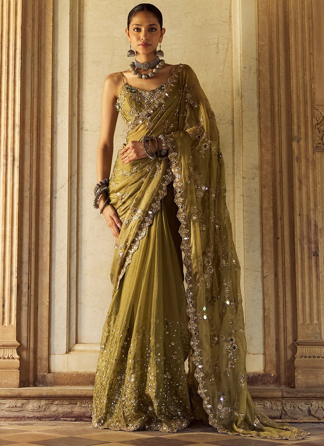 Moss Green Embroidered Tissue Saree - Lashkaraa