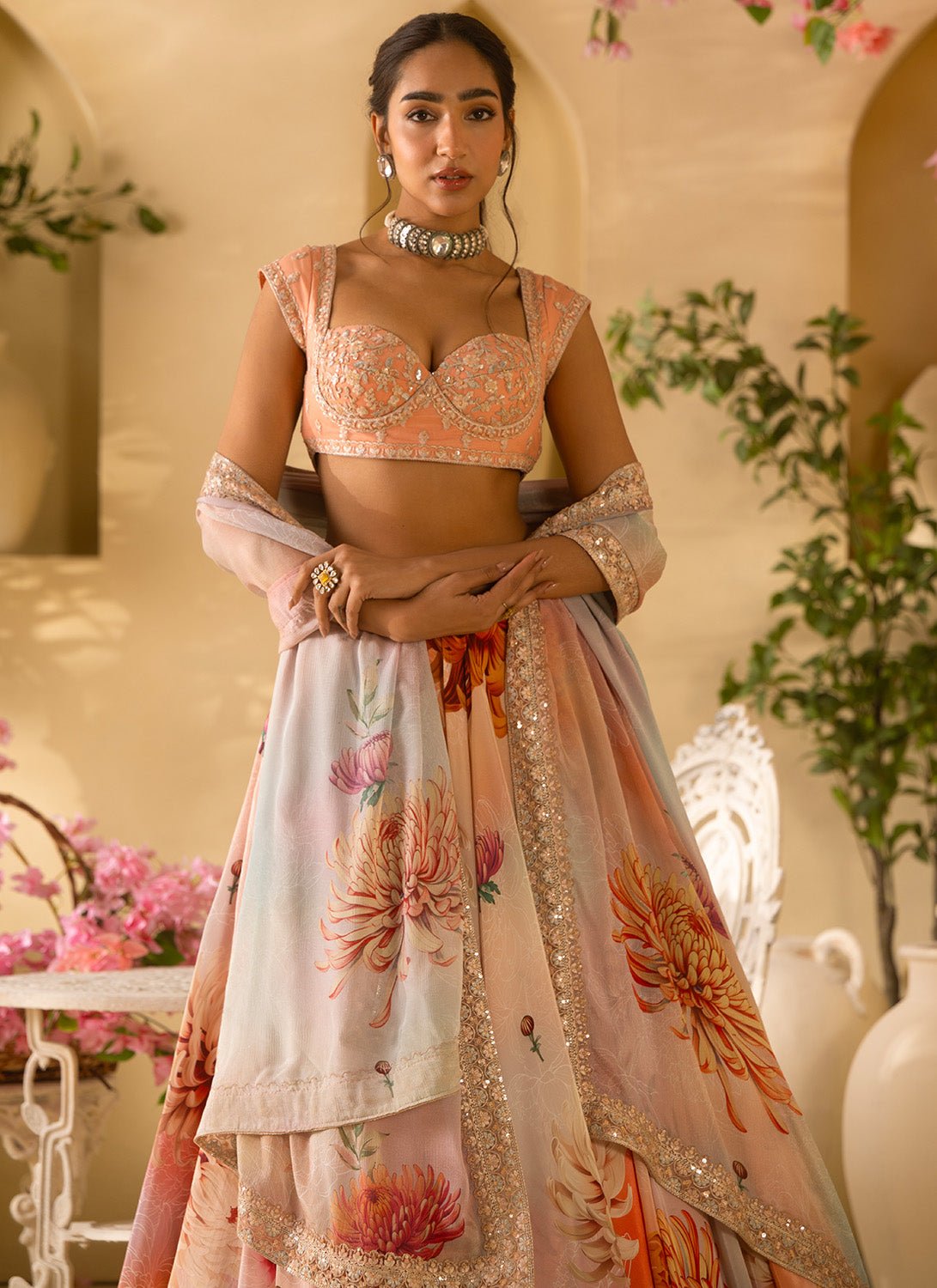 Multicolor Floral Embroidered Crepe Silk Lehenga - Lashkaraa