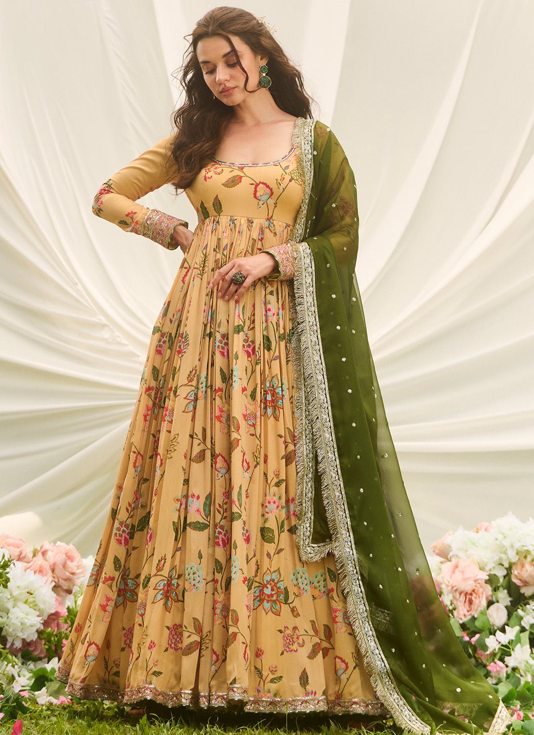 green emerald velvet dress Mustard and Green Floral Printed Anarkali