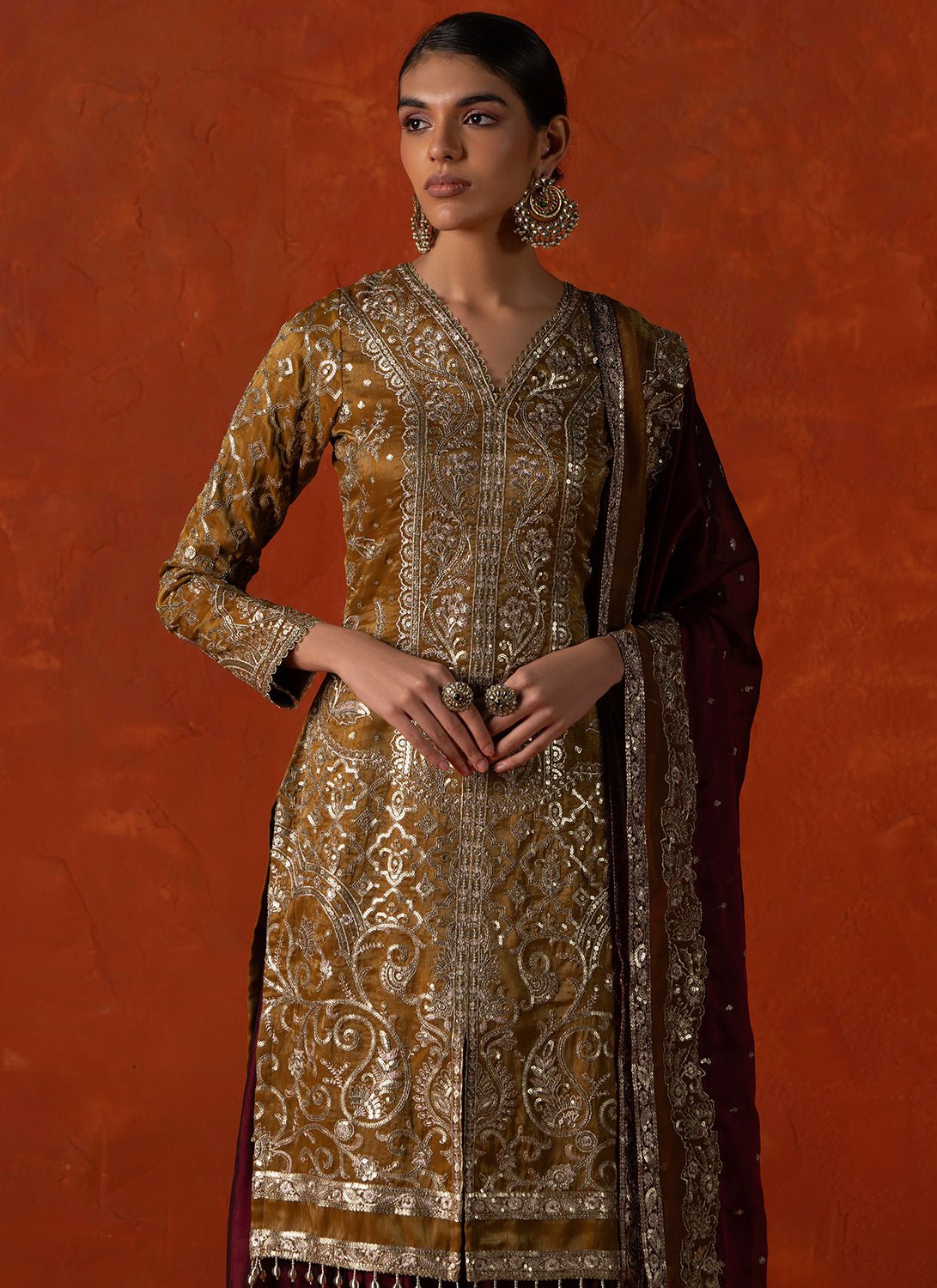 Mustard and Mulberry Embroidered Sharara Suit - Lashkaraa