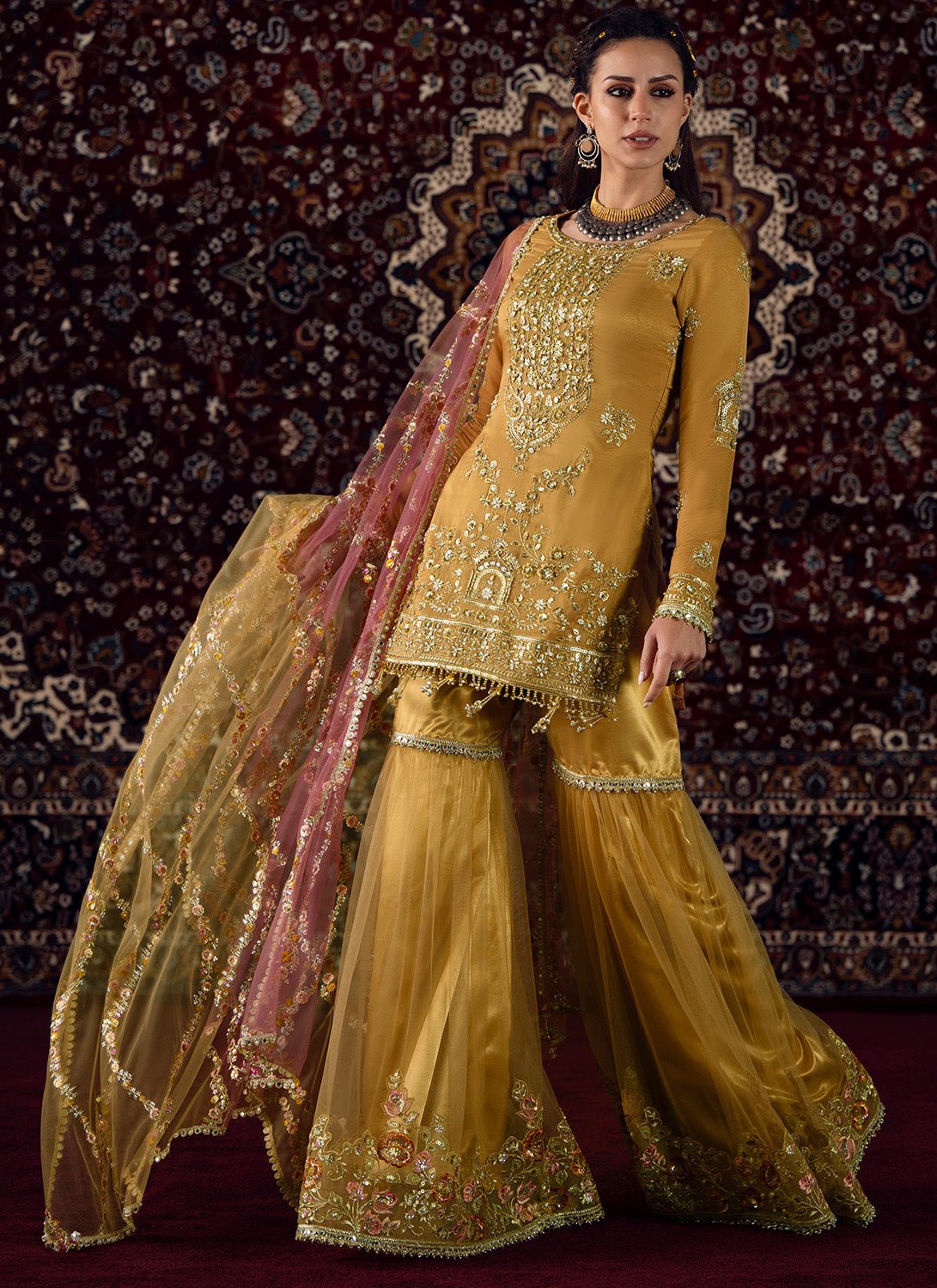 Mustard and Pink Embroidered Tissue Gharara - Lashkaraa