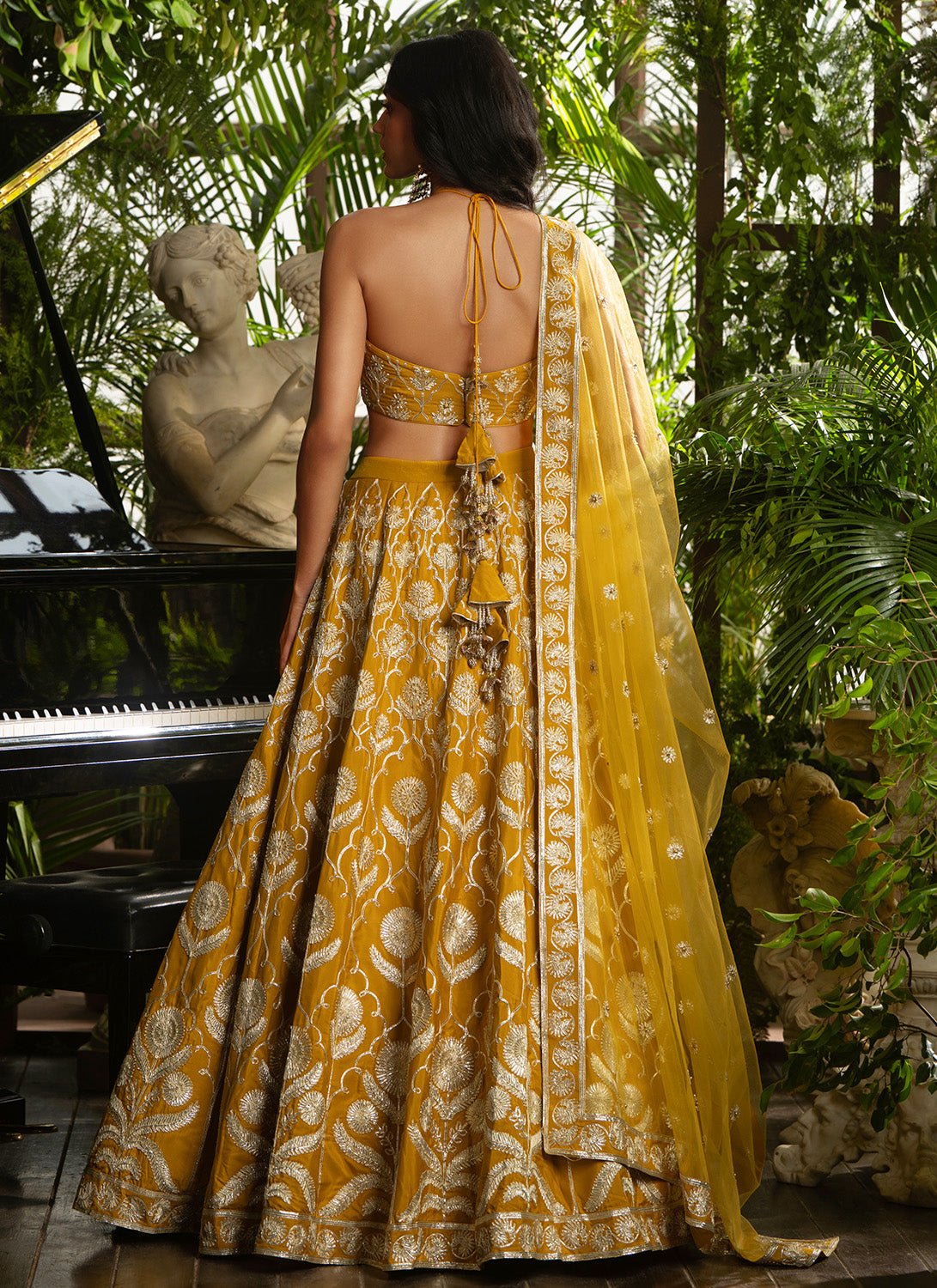 Mustard Embroidered Crepe Lehenga - Lashkaraa