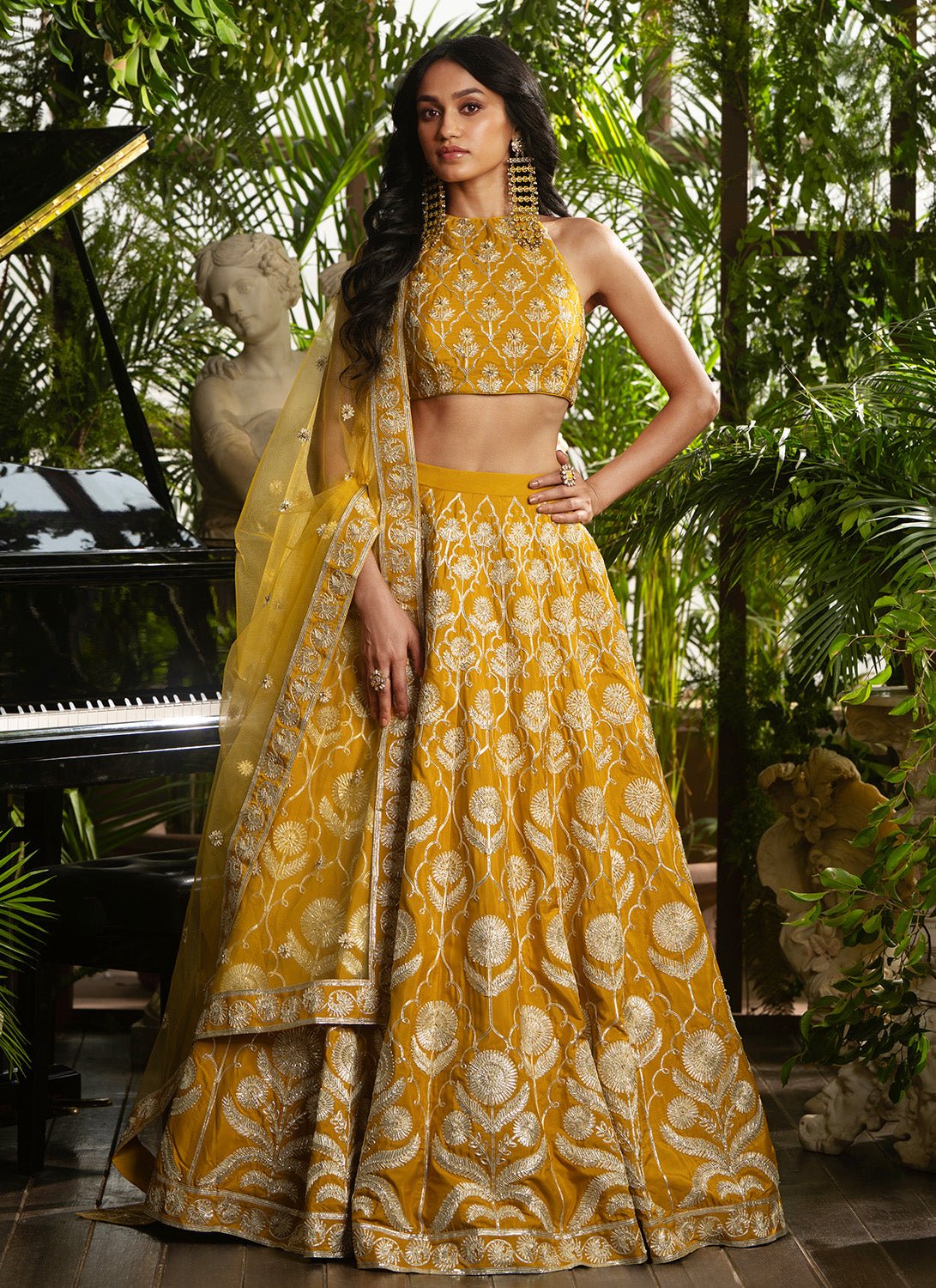 Mustard Embroidered Crepe Lehenga - Lashkaraa