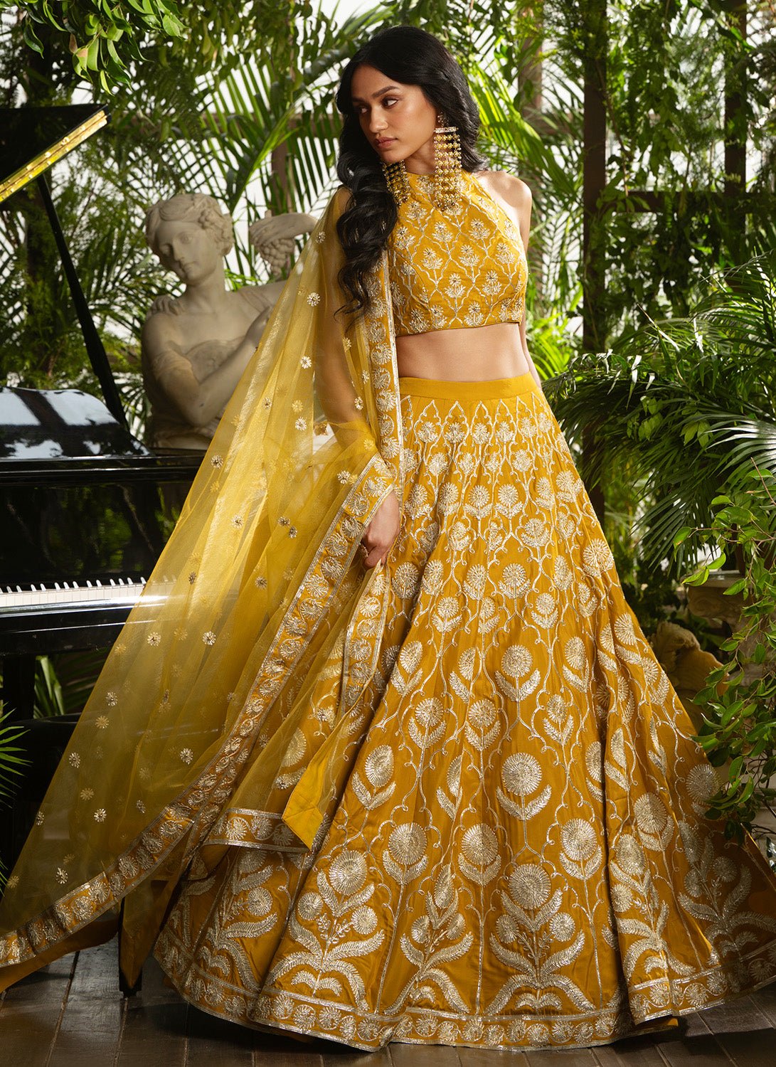 Mustard Embroidered Crepe Lehenga - Lashkaraa