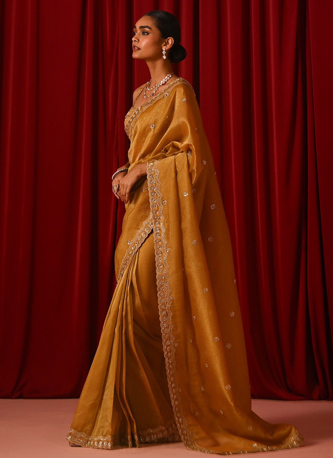 Mustard Embroidered Tissue Saree - Lashkaraa