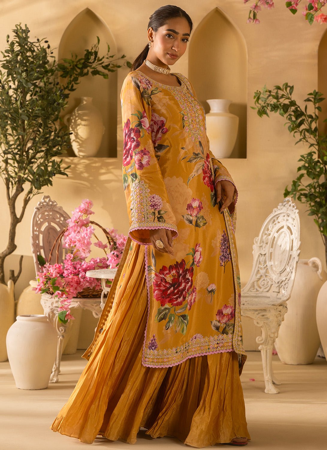 Mustard Floral Embroidered Satin Georgette Sharara Suit - Lashkaraa