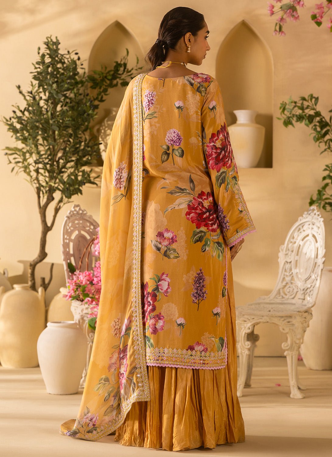 Mustard Floral Embroidered Satin Georgette Sharara Suit - Lashkaraa