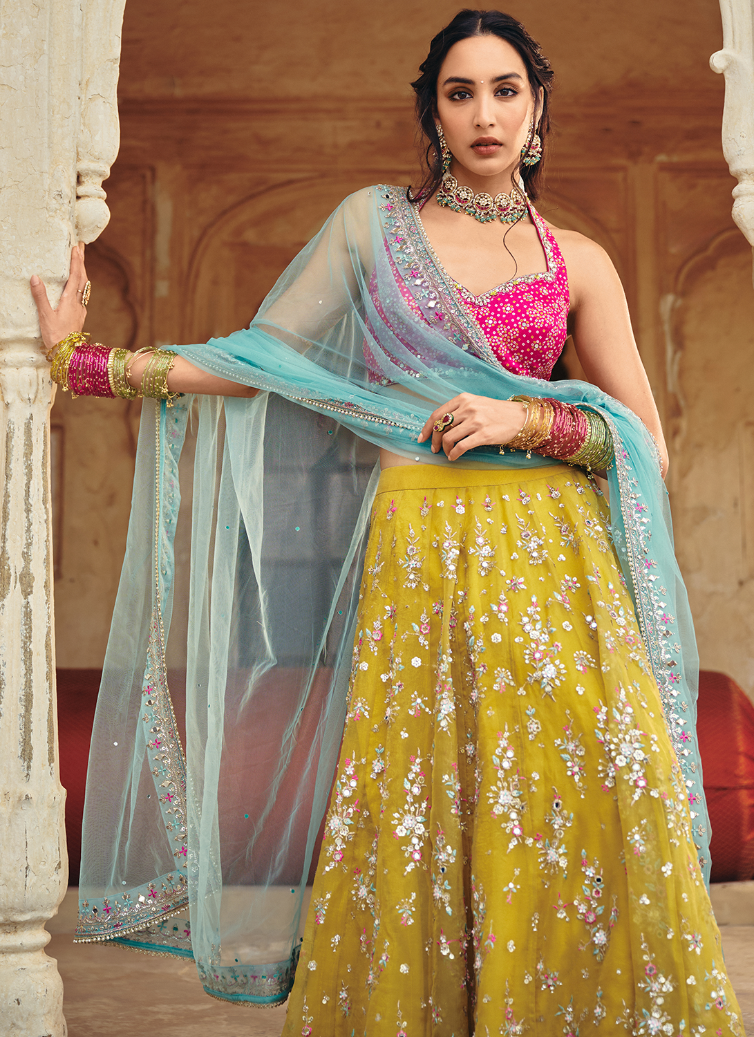 Mustard Multicolor Embroidered Bandhani Lehenga - Lashkaraa