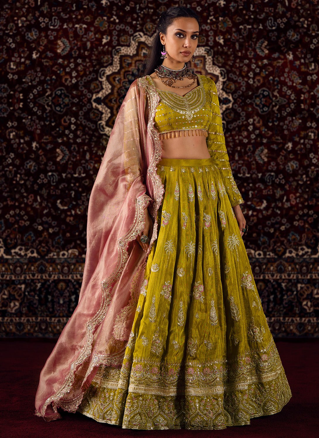 Mustard Olive Green Embroidered Viscose Tissue Lehenga - Lashkaraa