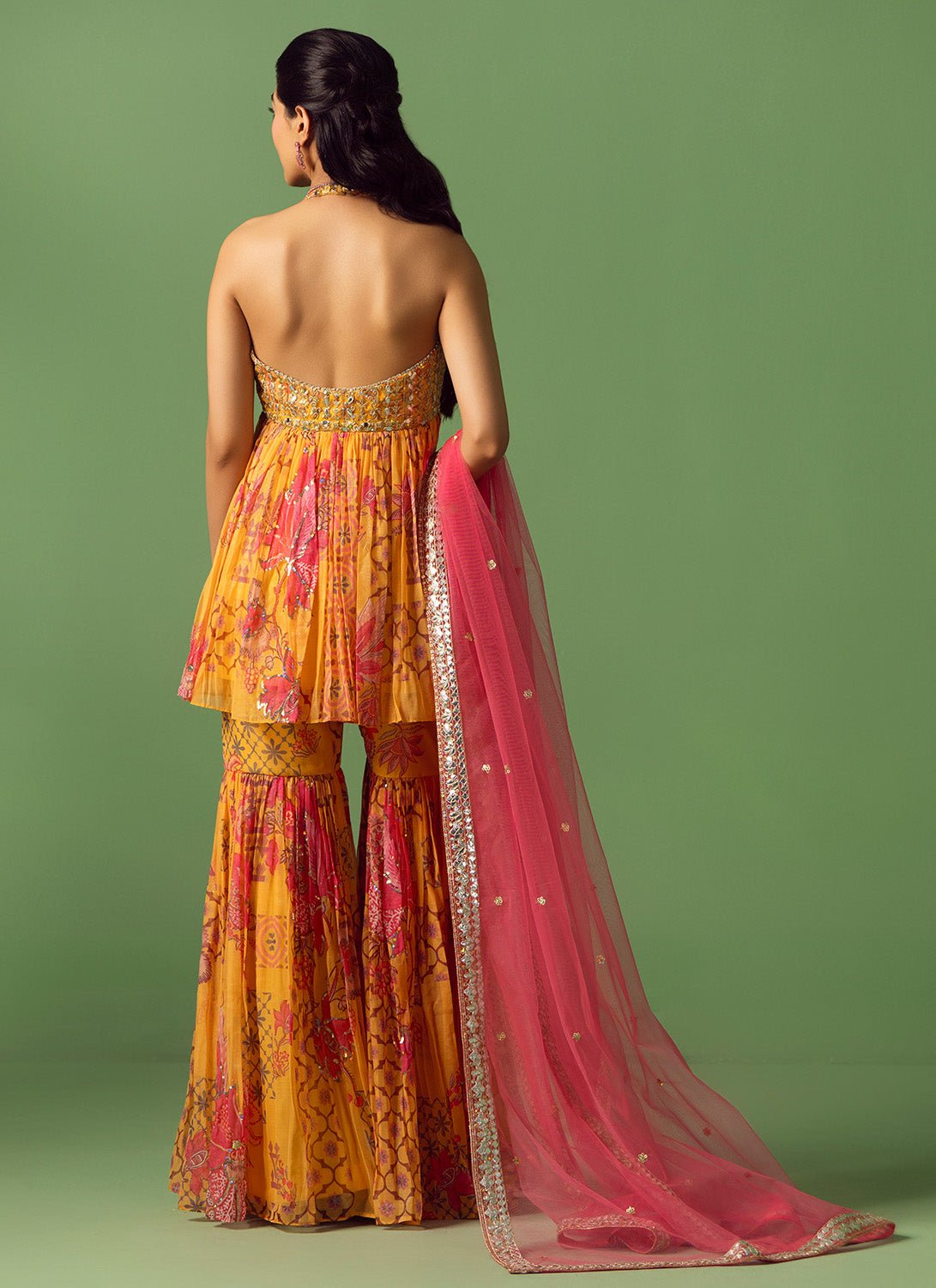 Mustard Yellow and Pink Floral Printed Gharara - Lashkaraa