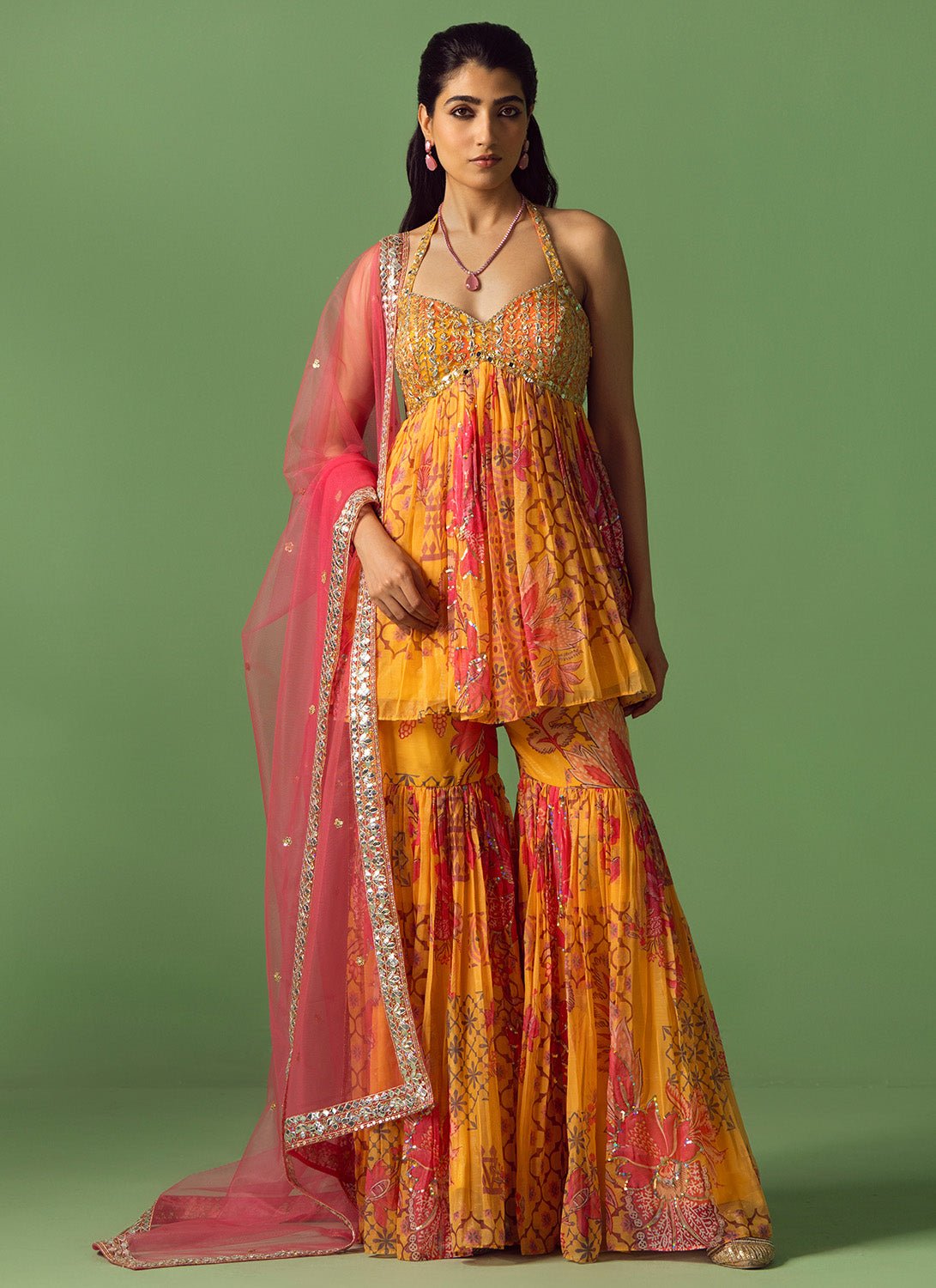 Mustard Yellow and Pink Floral Printed Gharara - Lashkaraa