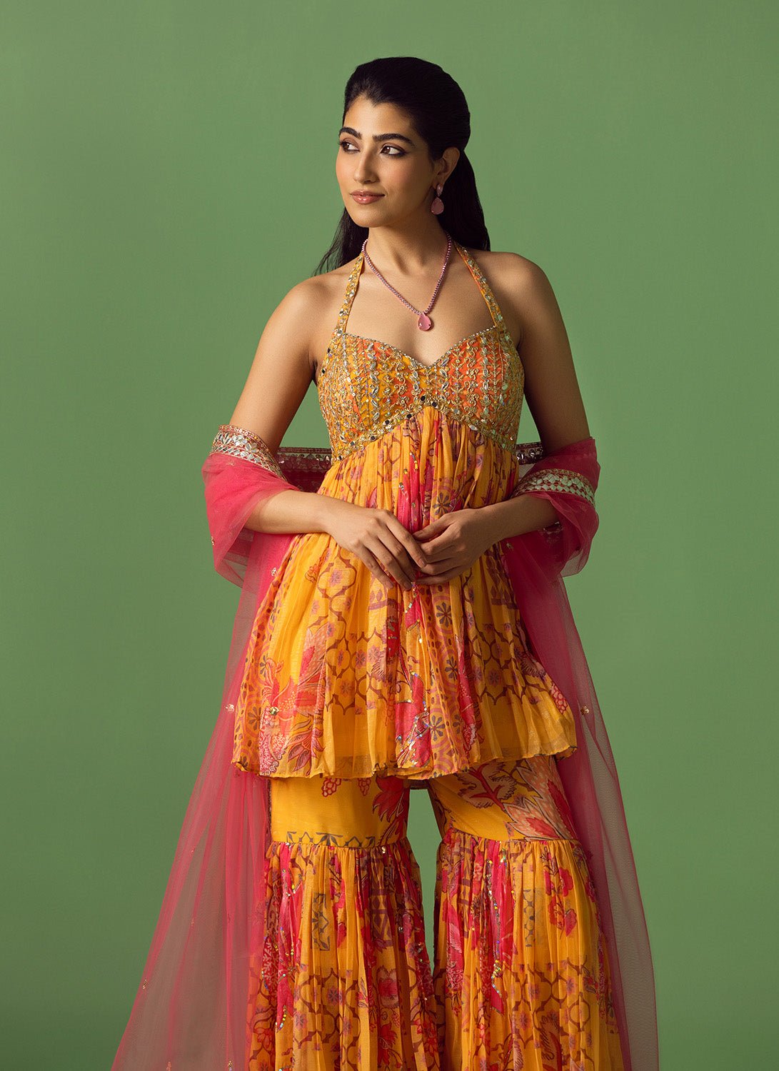Mustard Yellow and Pink Floral Printed Gharara - Lashkaraa