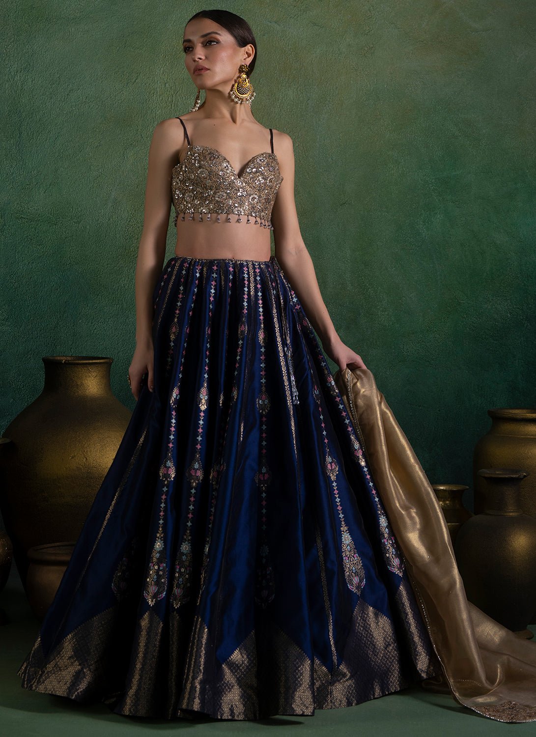 Navy Blue and Gold Embroidered Lehenga - Lashkaraa