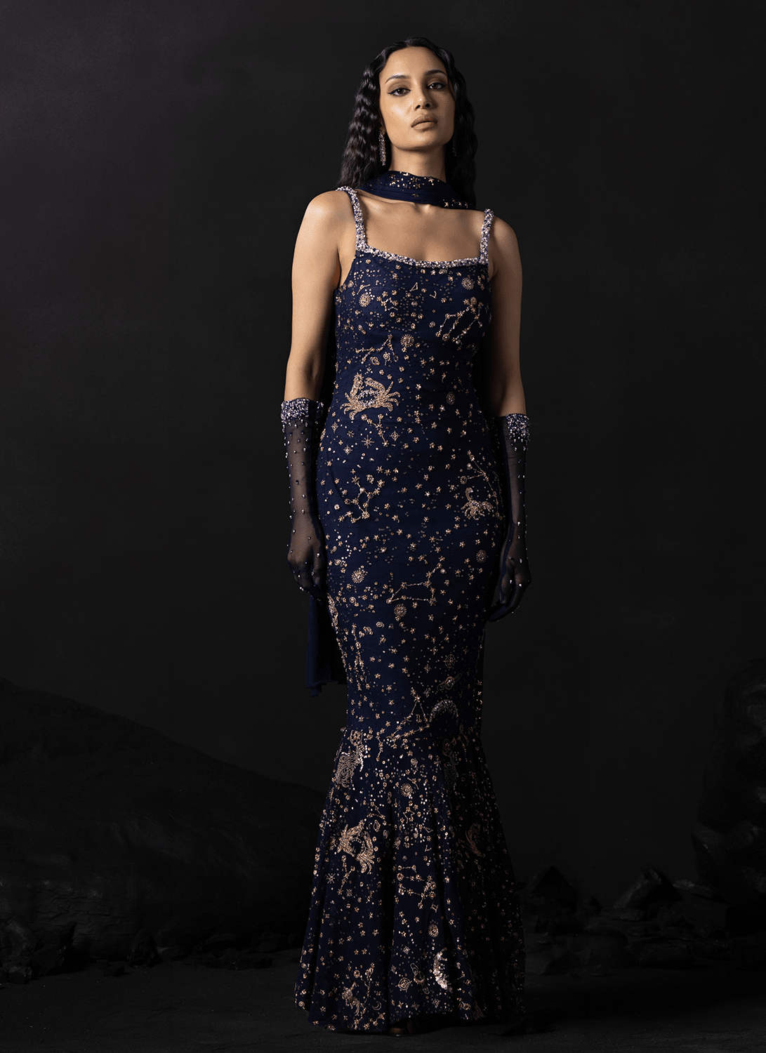 Navy Blue Celestial Zodiac Mermaid Gown - Lashkaraa