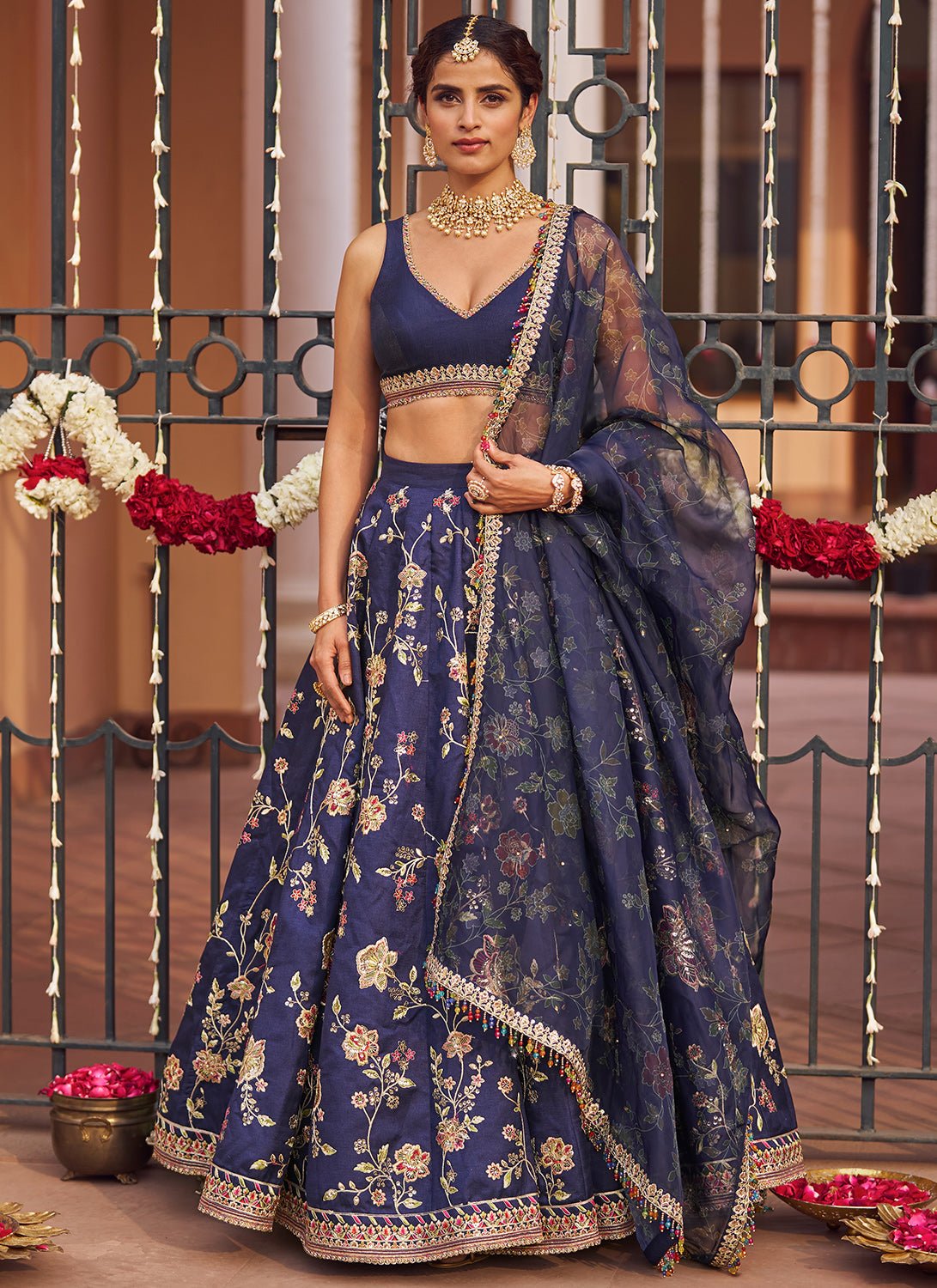Navy Blue Embroidered Lehenga - Lashkaraa