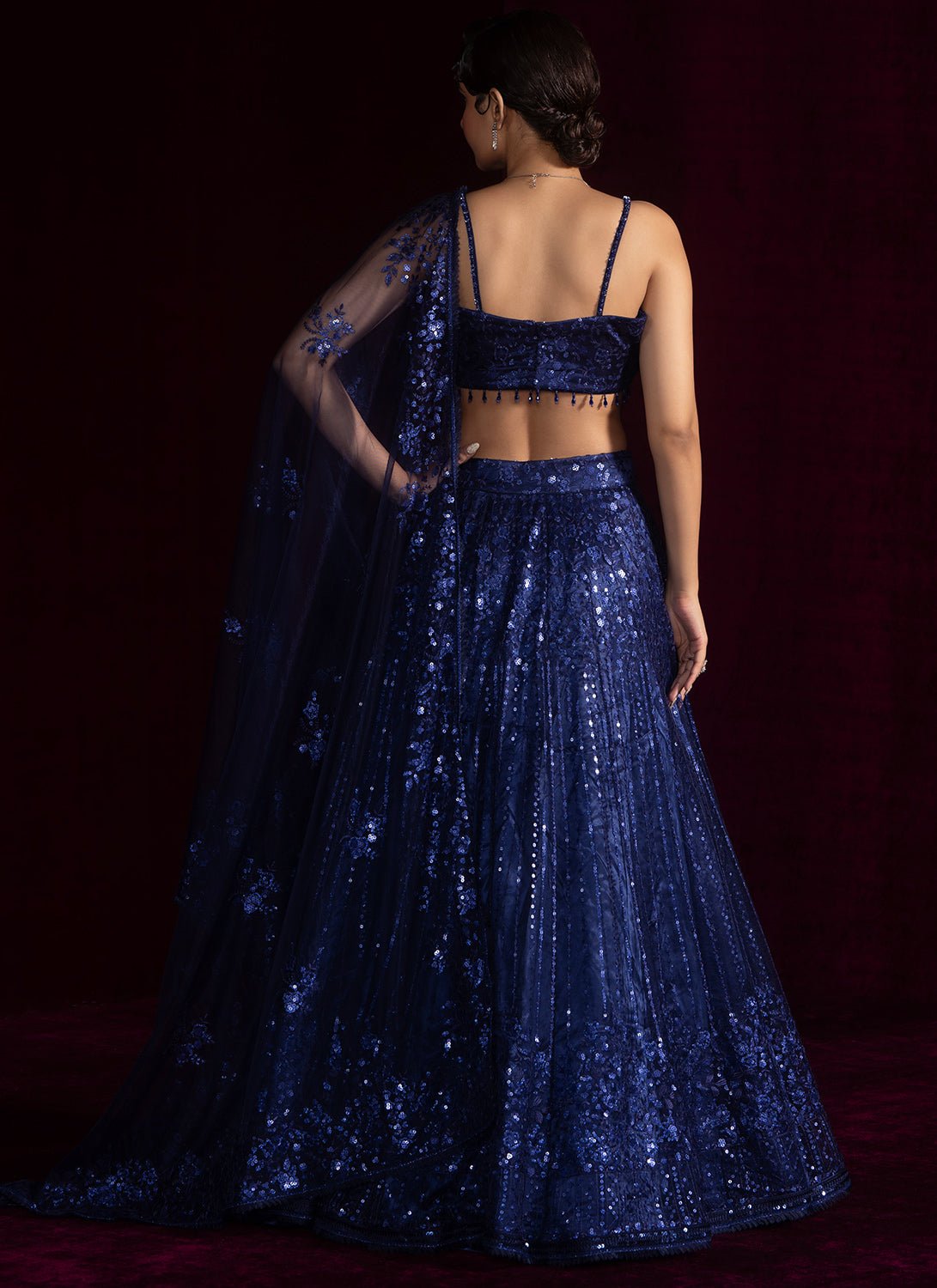 Navy Blue Embroidered Net Lehenga - Lashkaraa