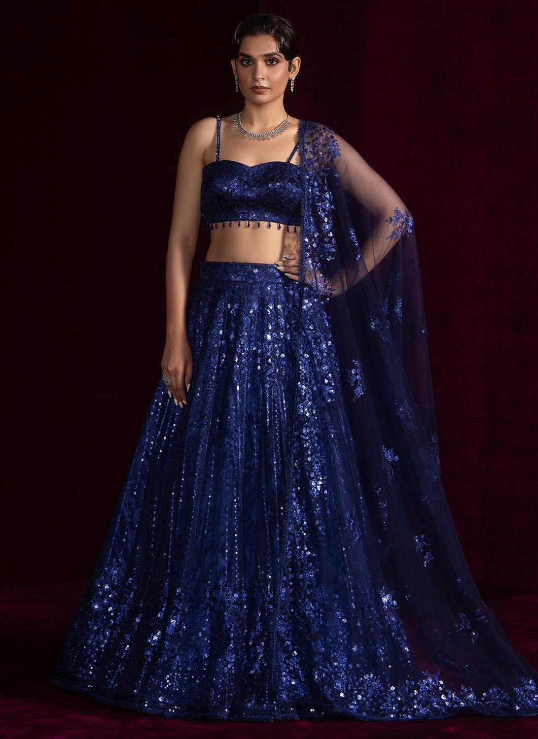Navy Blue Embroidered Net Lehenga - Lashkaraa