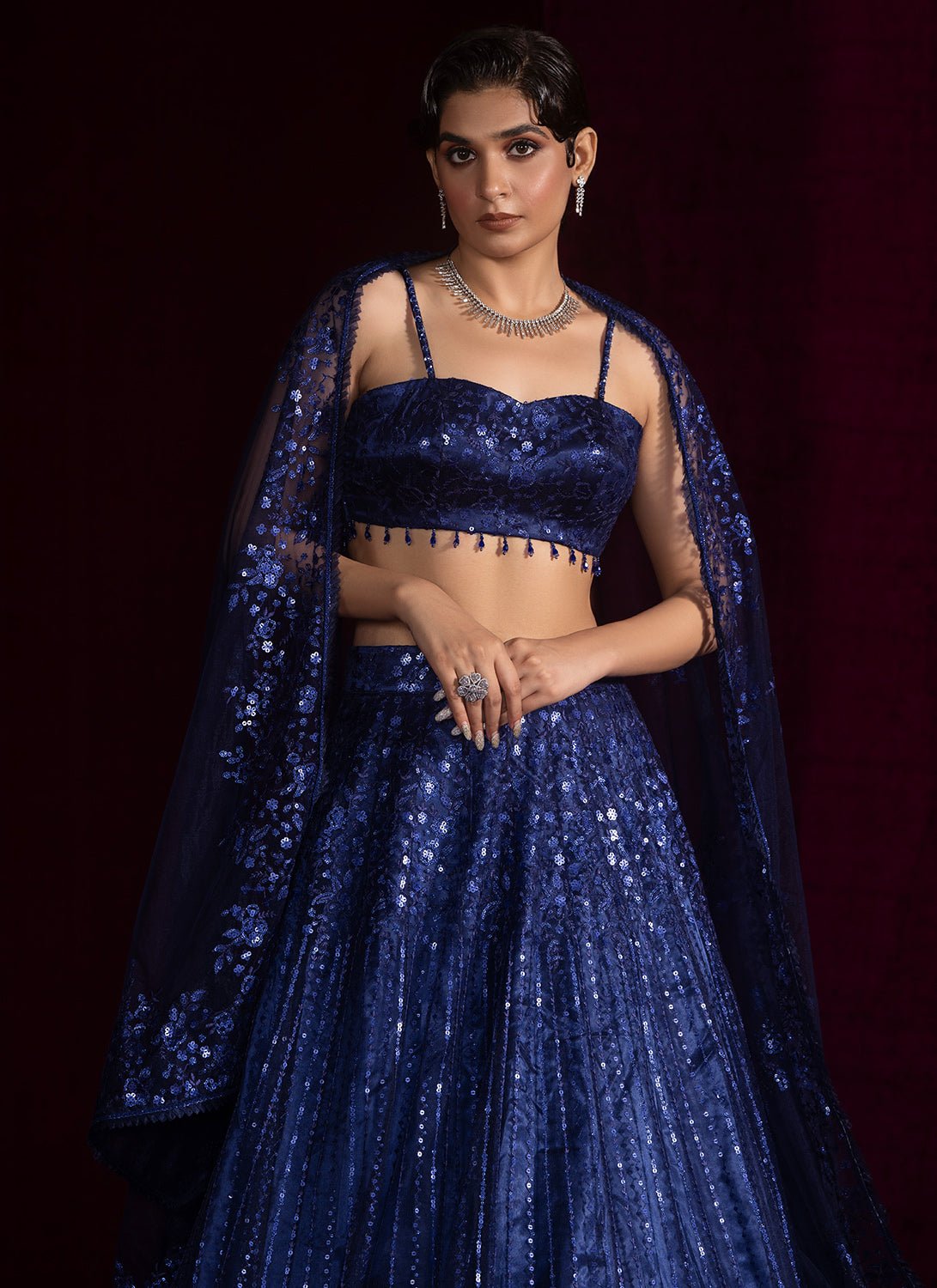 Navy Blue Embroidered Net Lehenga - Lashkaraa