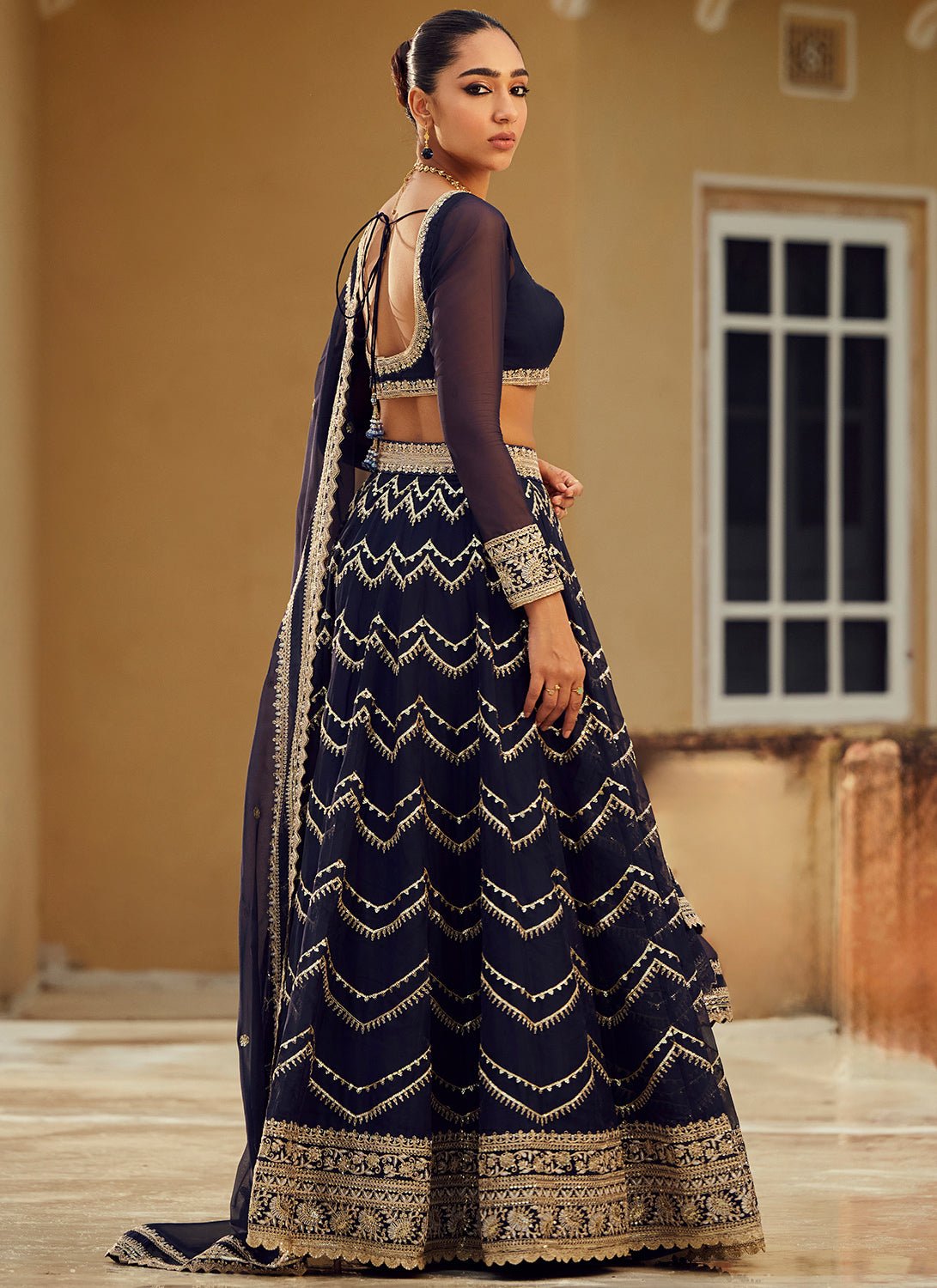 Navy Blue Embroidered Organza Lehenga - Lashkaraa