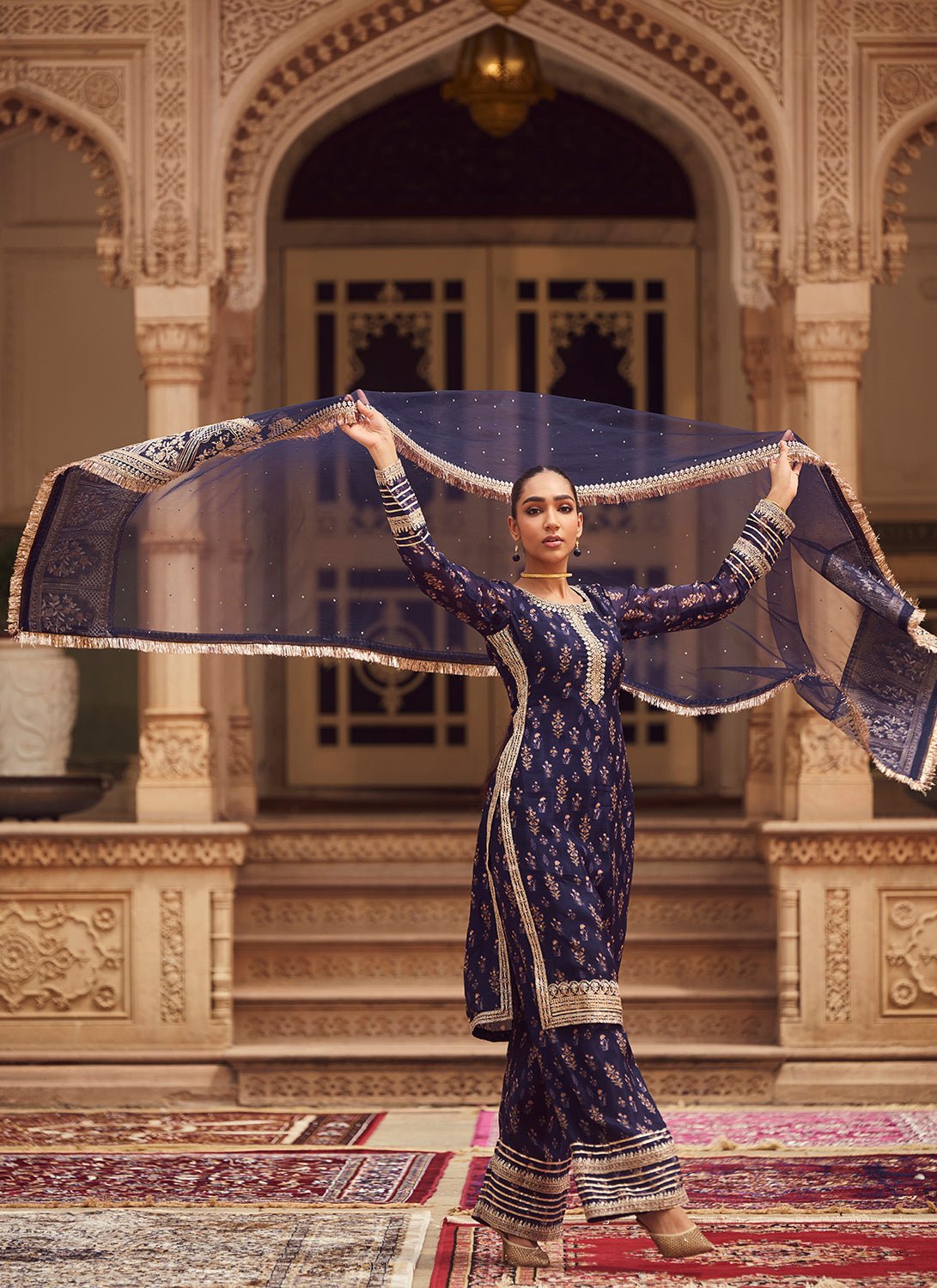 Navy Blue Embroidered Tissue Straight Suit - Lashkaraa