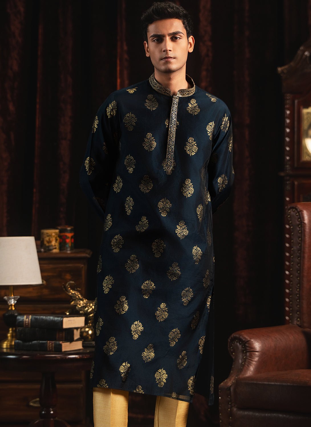 Navy Blue Foil Printed Kurta Set - Lashkaraa