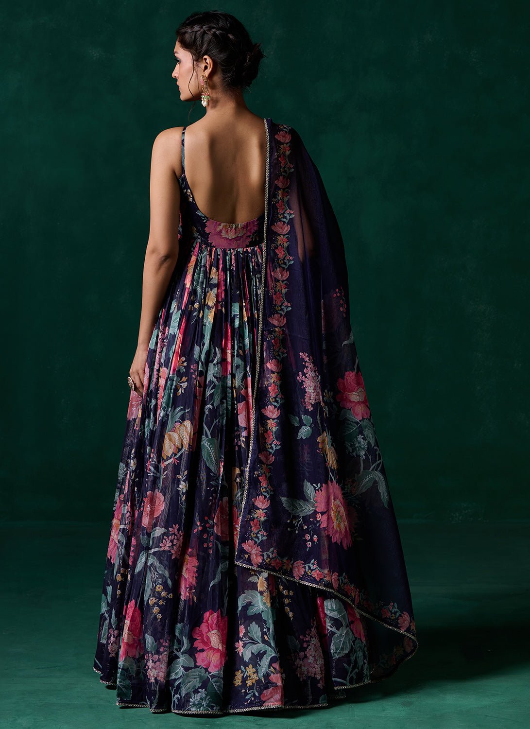 Navy Blue Multicolor Floral Printed Anarkali - Lashkaraa