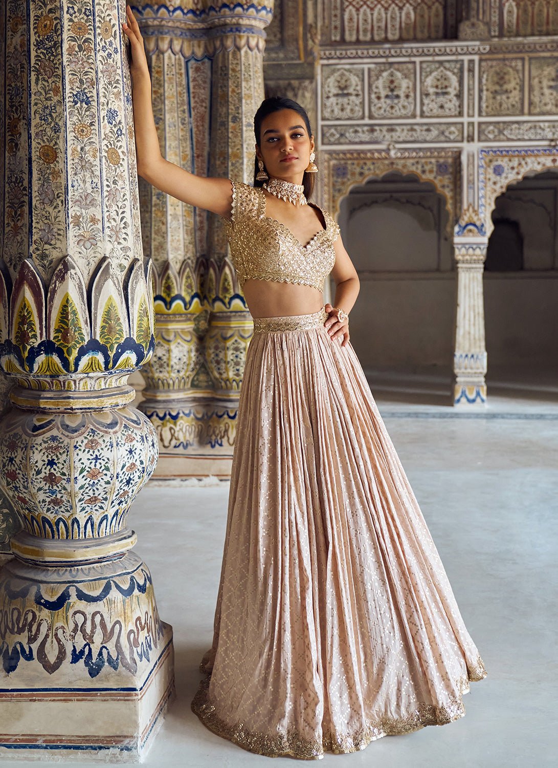 Nude and Gold Embroidered Lehenga - Lashkaraa