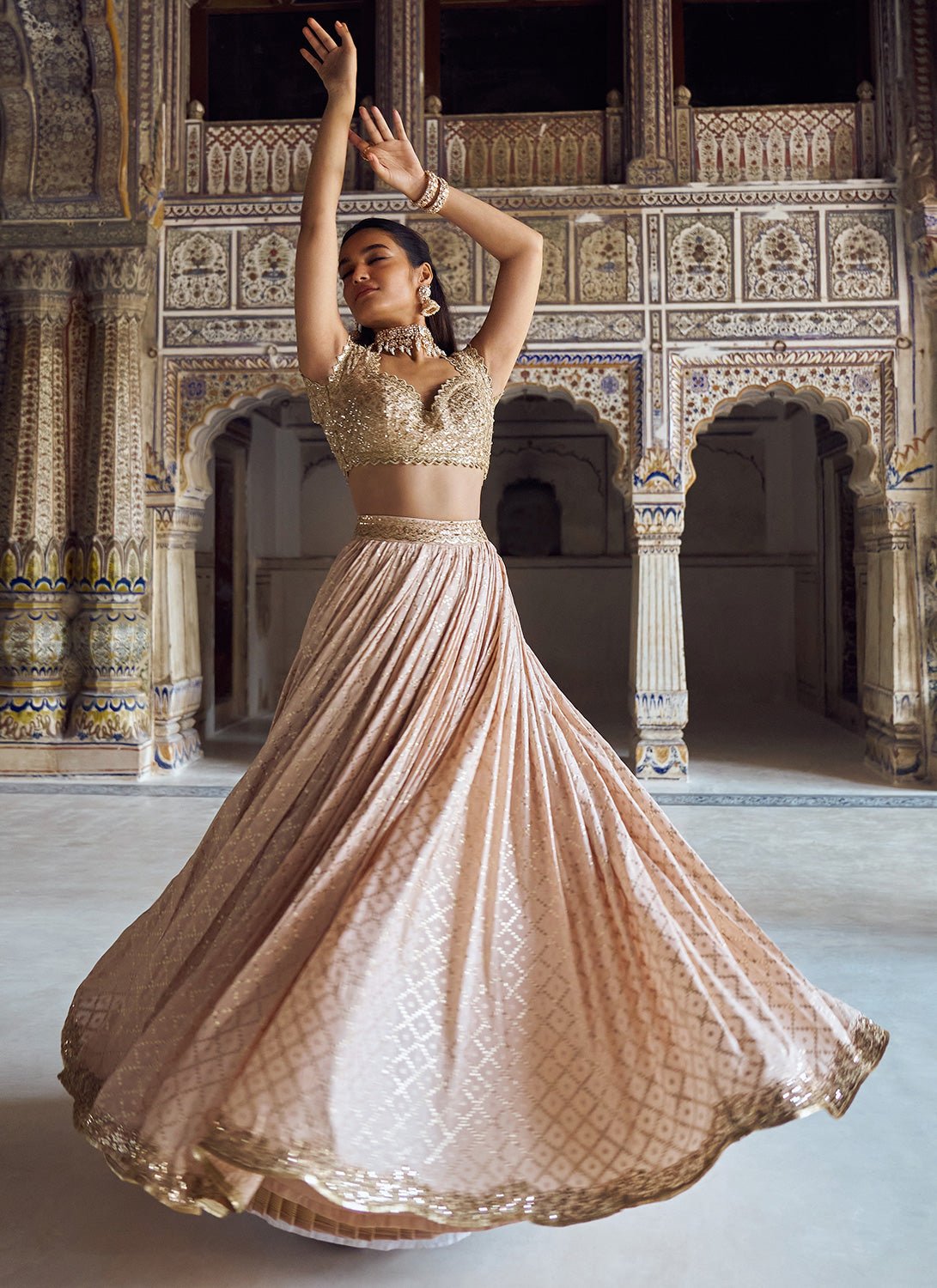Nude and Gold Embroidered Lehenga - Lashkaraa