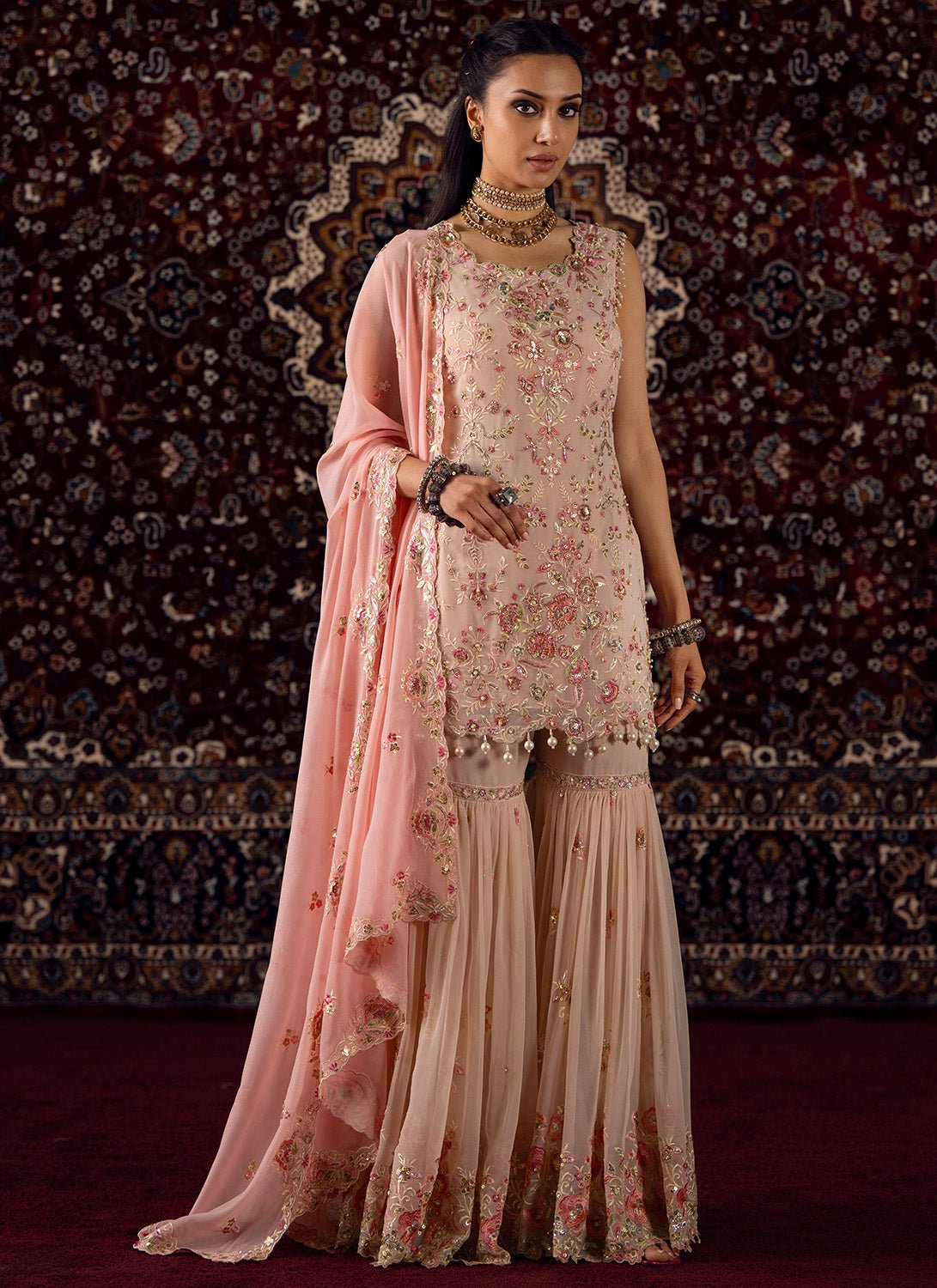 Nude and Pink Embroidered Georgette Gharara - Lashkaraa