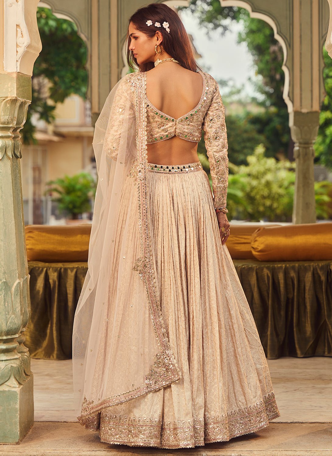 Nude Embroidered Brocade Lehenga - Lashkaraa