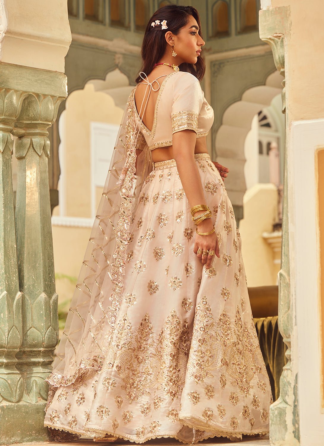 Nude Embroidered Organza Lehenga - Lashkaraa