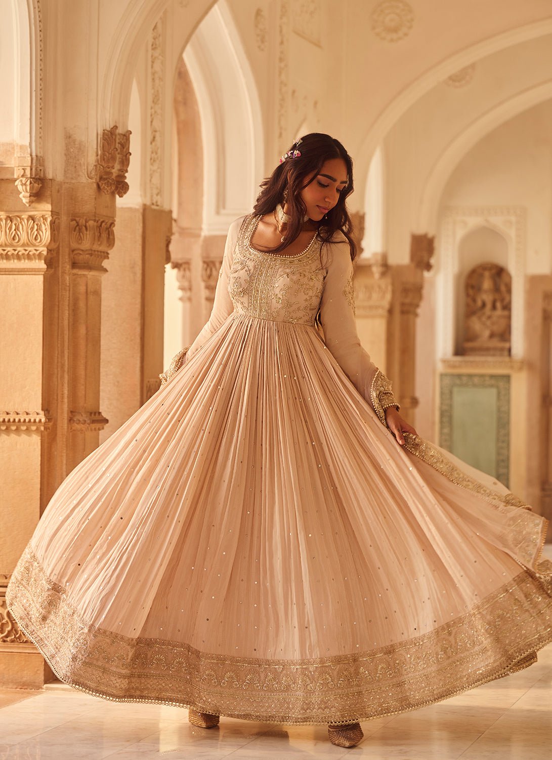 Nude Embroidered Tissue Anarkali - Lashkaraa