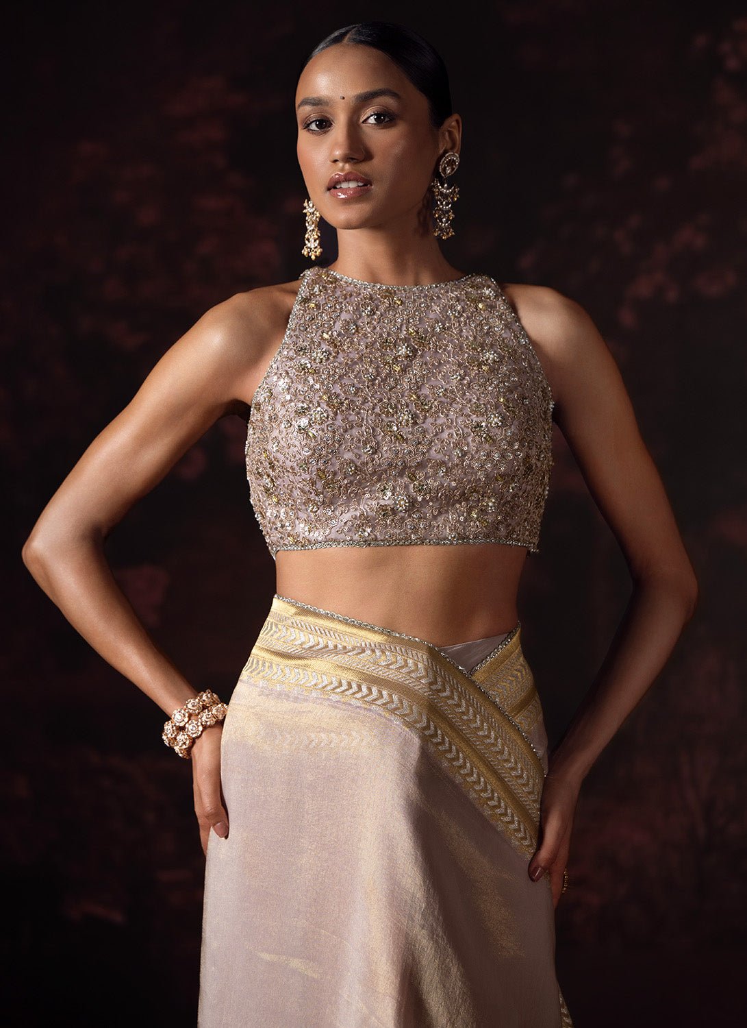 Nude Embroidered Tissue Saree - Lashkaraa