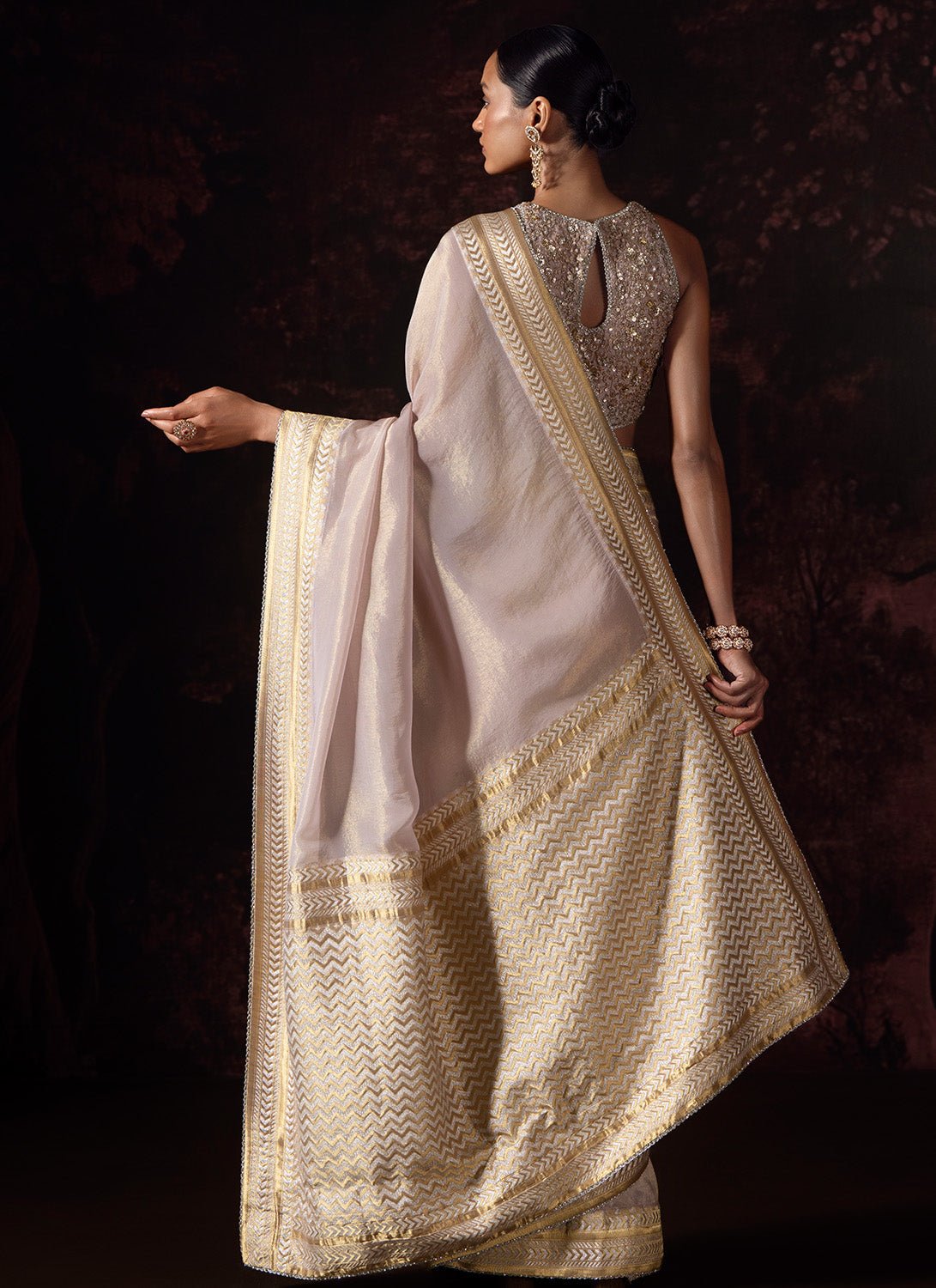 Nude Embroidered Tissue Saree - Lashkaraa