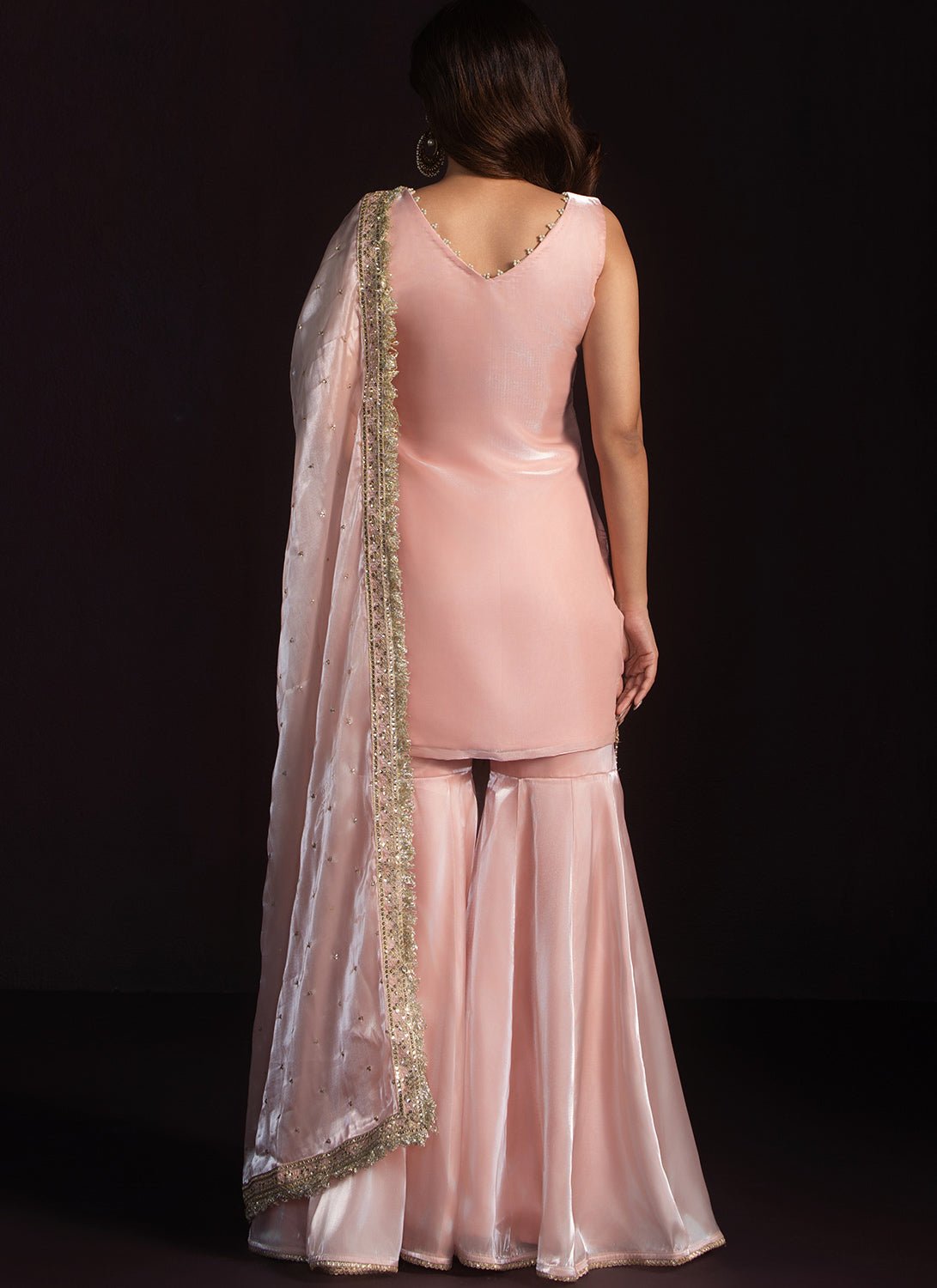 Nude Pink Embroidered Organza Gharara - Lashkaraa