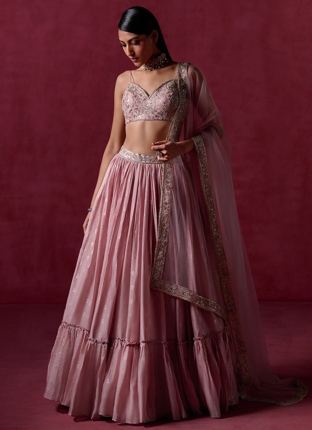 Nude Pink Embroidered Silk Lehenga - Lashkaraa
