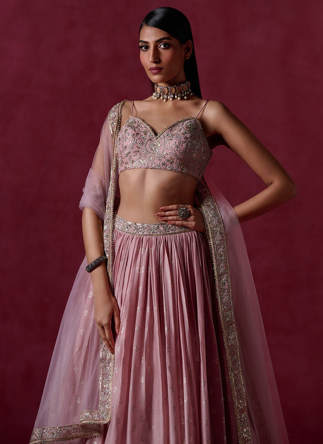 Nude Pink Embroidered Silk Lehenga - Lashkaraa