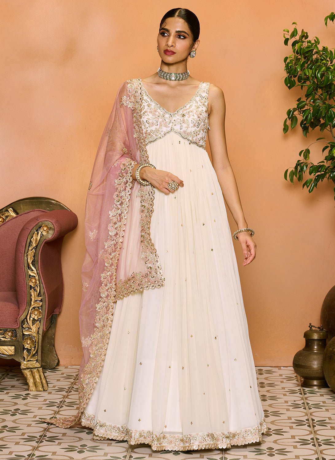Off White and Light Pink Embroidered Anarkali Off White and Light Pink Embroidered Anarkali