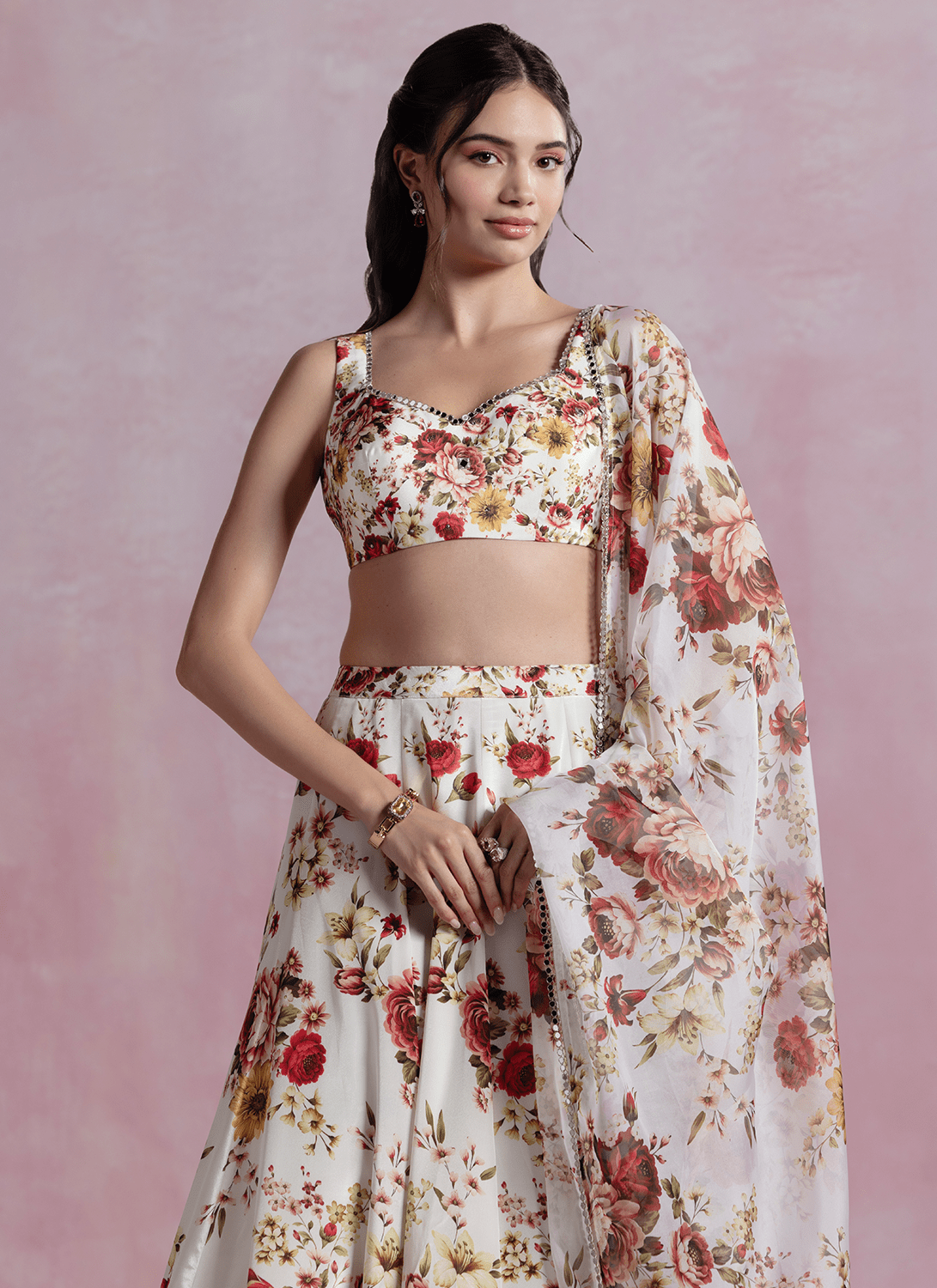 Off White and Maroon Floral Printed Crepe Lehenga - Lashkaraa