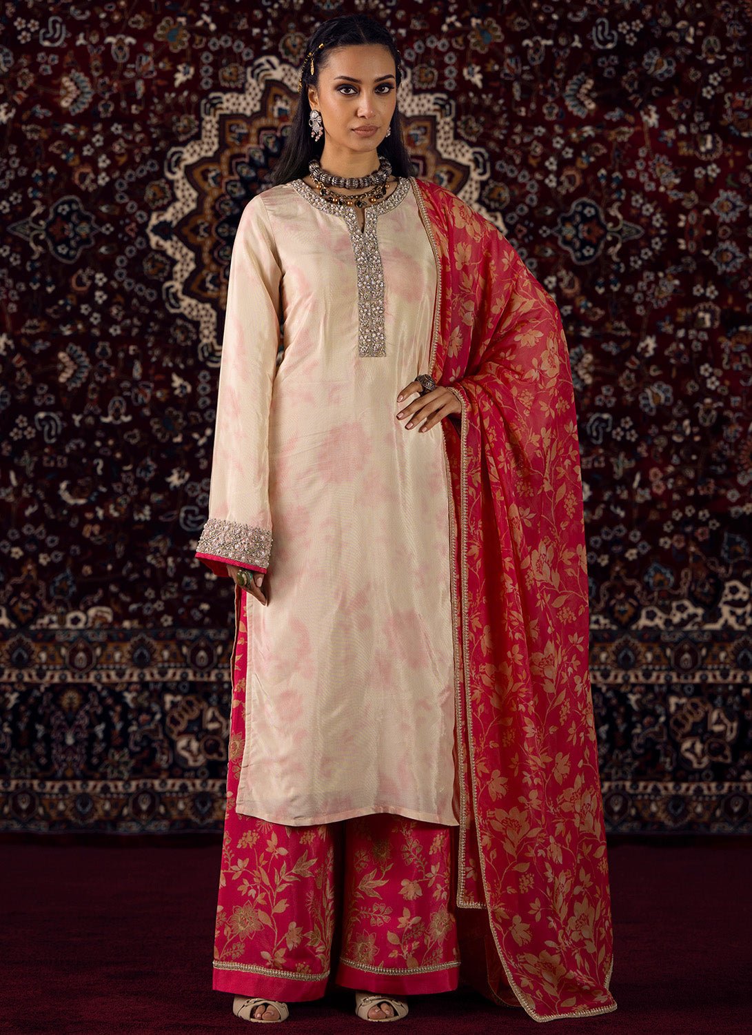 Off White and Pink Embroidered Silk Satin Palazzo Suit - Lashkaraa