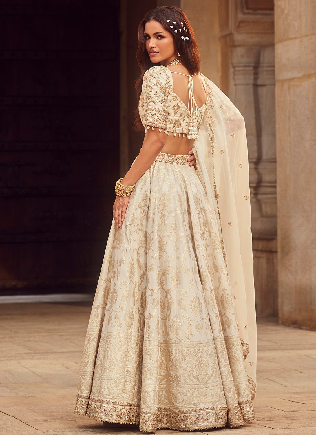 Off White Embroidered Brocade Lehenga - Lashkaraa