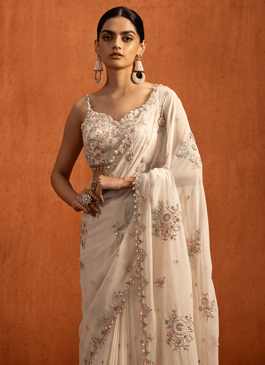 Off White Embroidered Georgette Saree - Lashkaraa