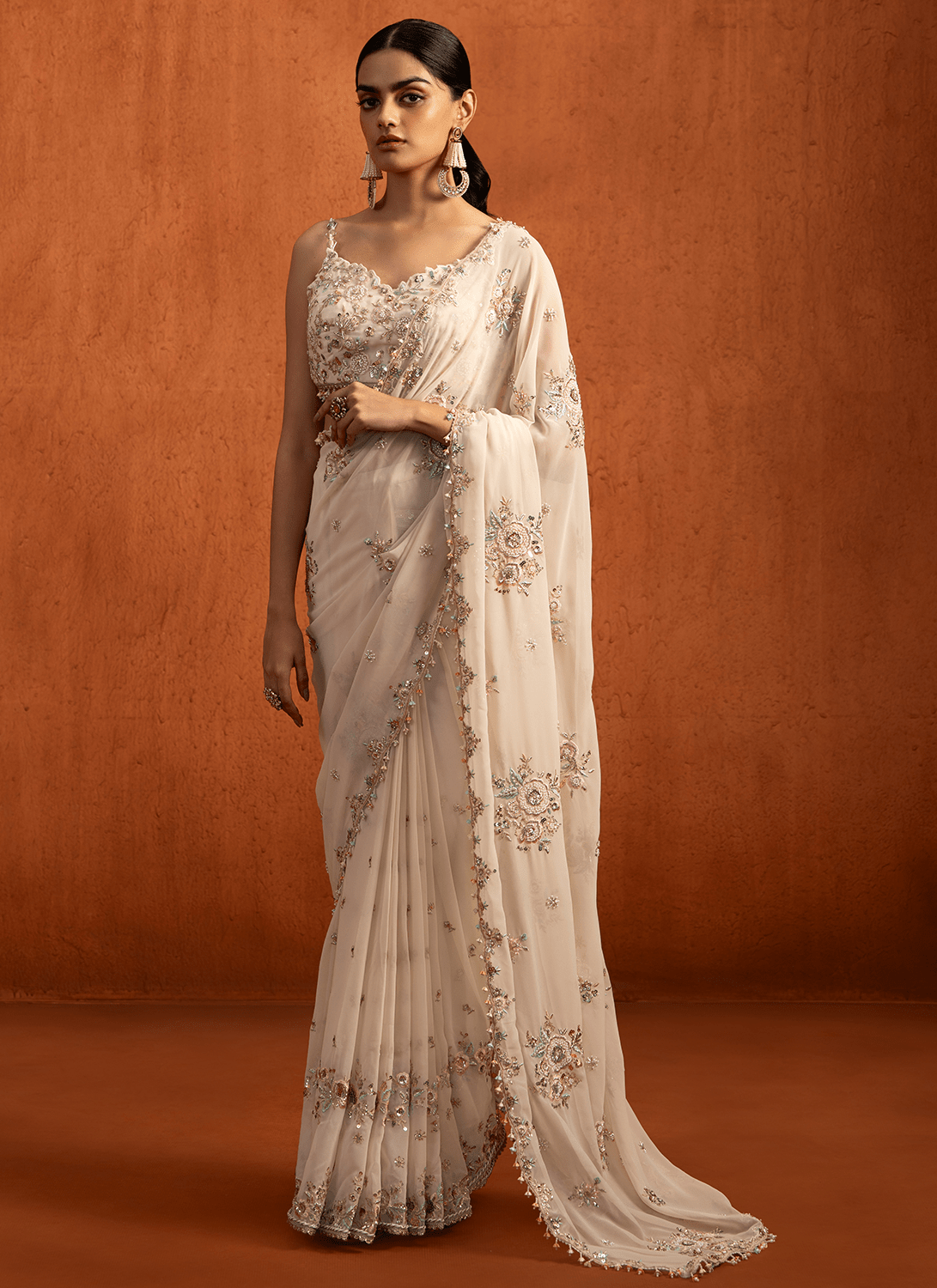 Off White Embroidered Georgette Saree - Lashkaraa